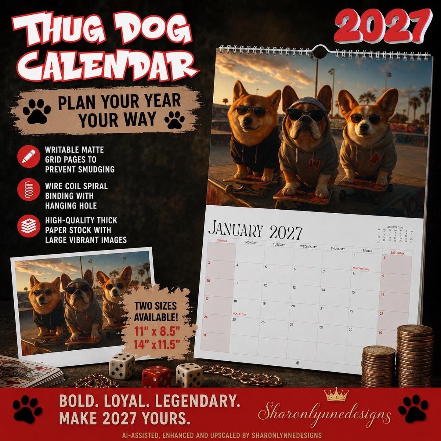 2027 Dog Wall Calendar, Blank Writable Monthly Planner with Wire Binding