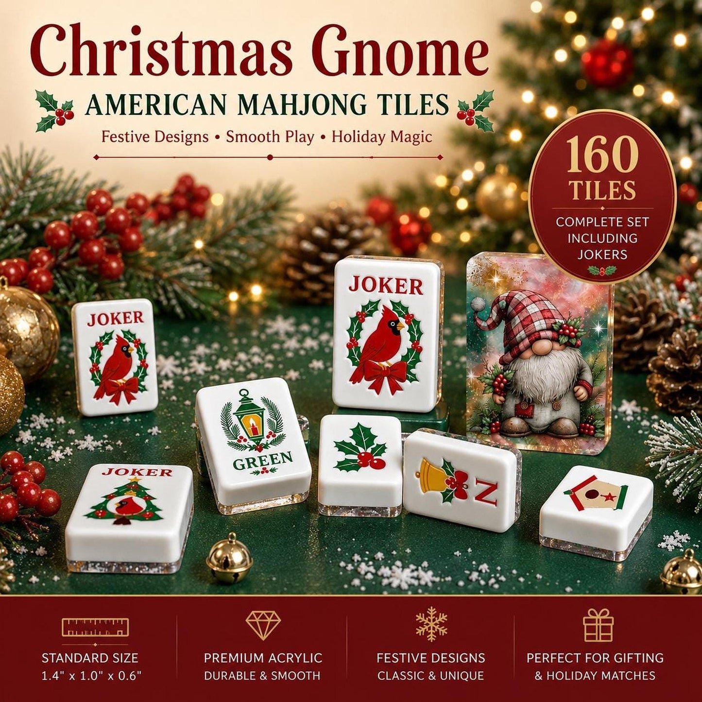 Christmas Gnome American Mahjong Set, 160 Acrylic Tiles, Winter Cardinal Design