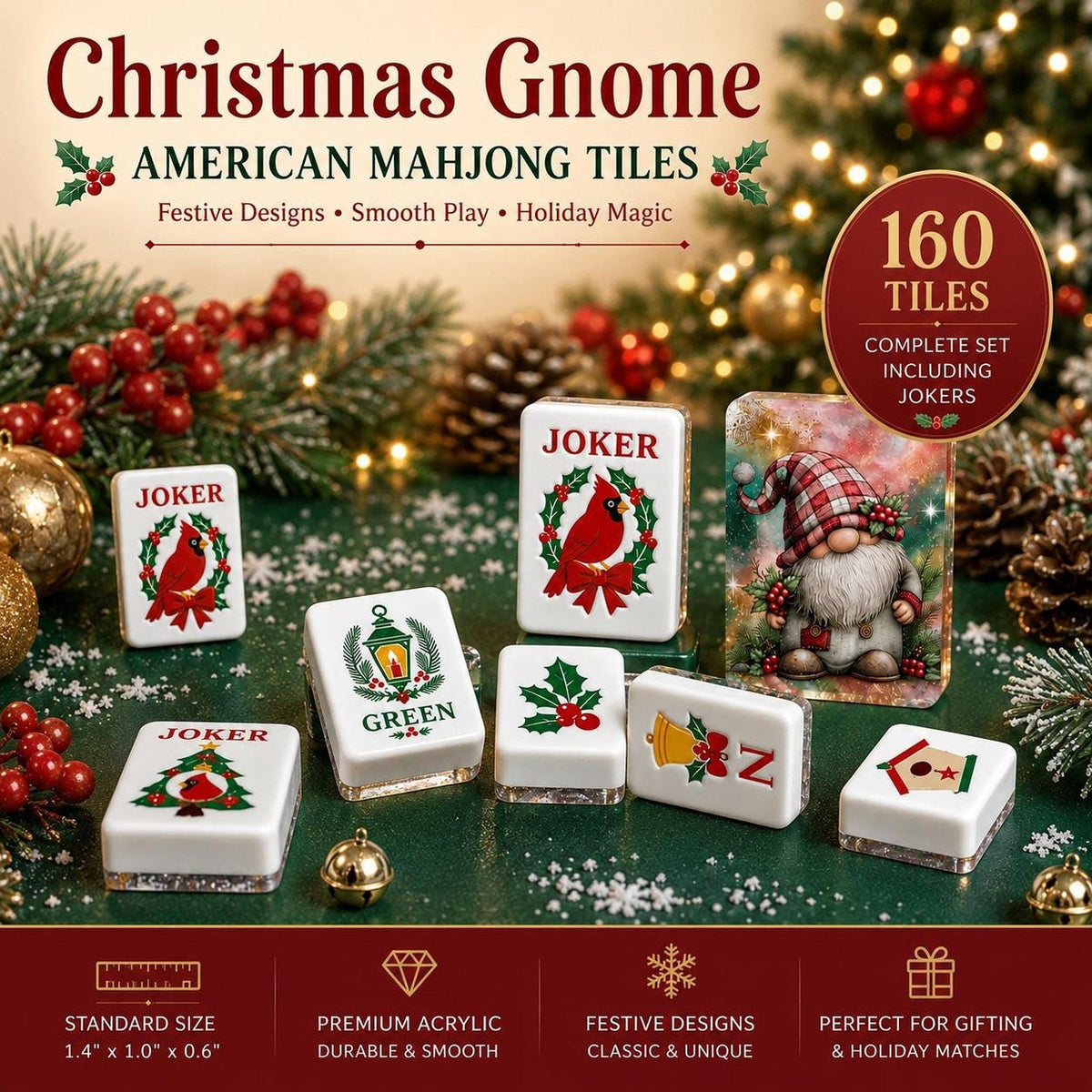 Christmas Gnome American Mahjong Set, 160 Acrylic Tiles, Winter Cardinal Design