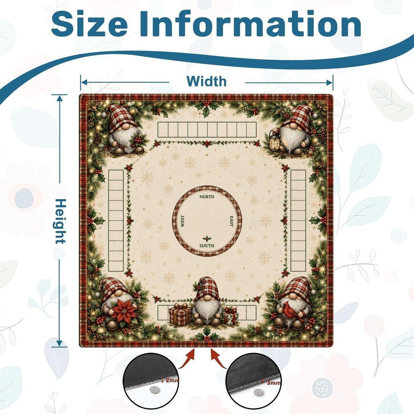 Christmas Gnome Mahjong Mat, 3mm Polyester Surface with Non-Slip Rubber Backing