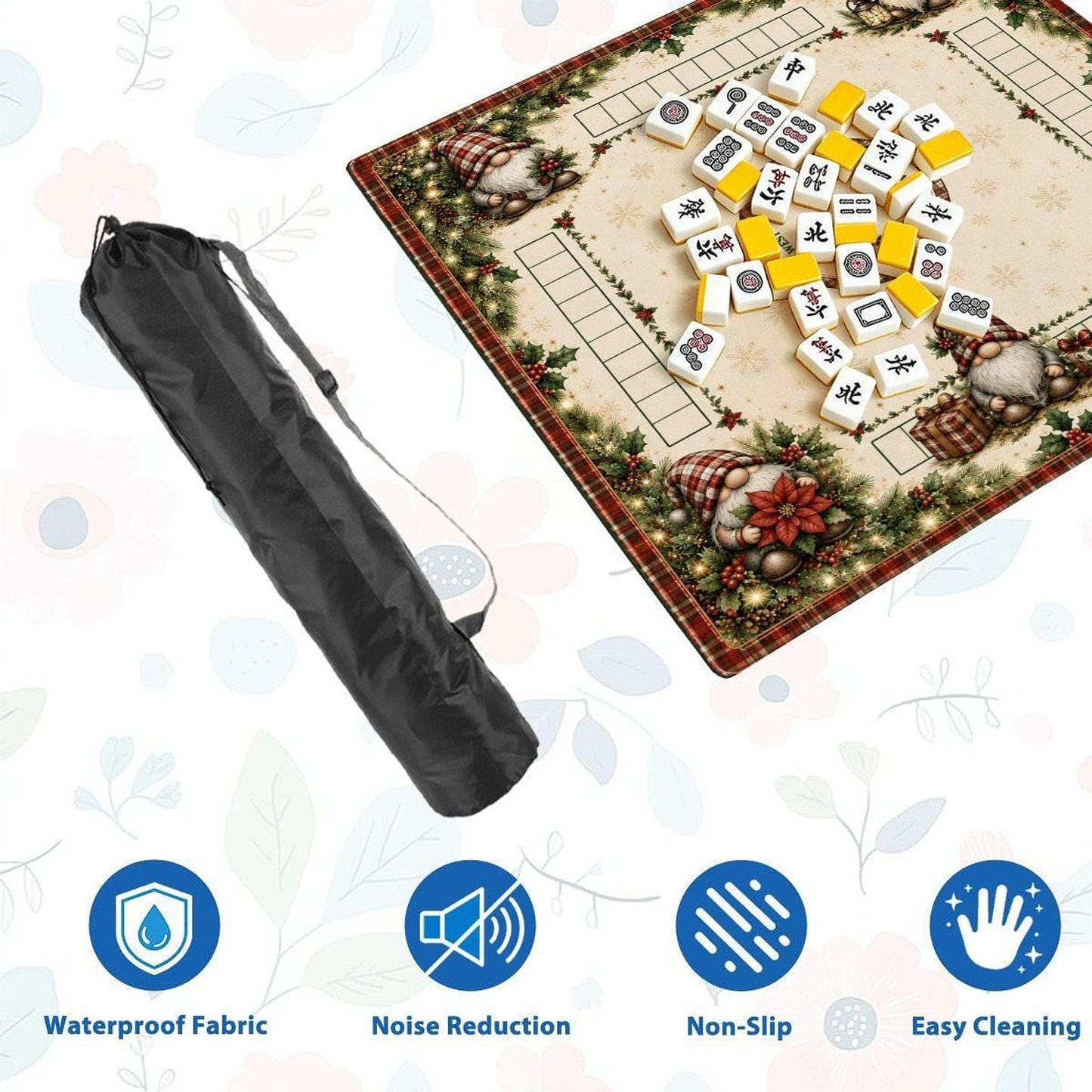 Christmas Gnome Mahjong Mat, 3mm Polyester Surface with Non-Slip Rubber Backing
