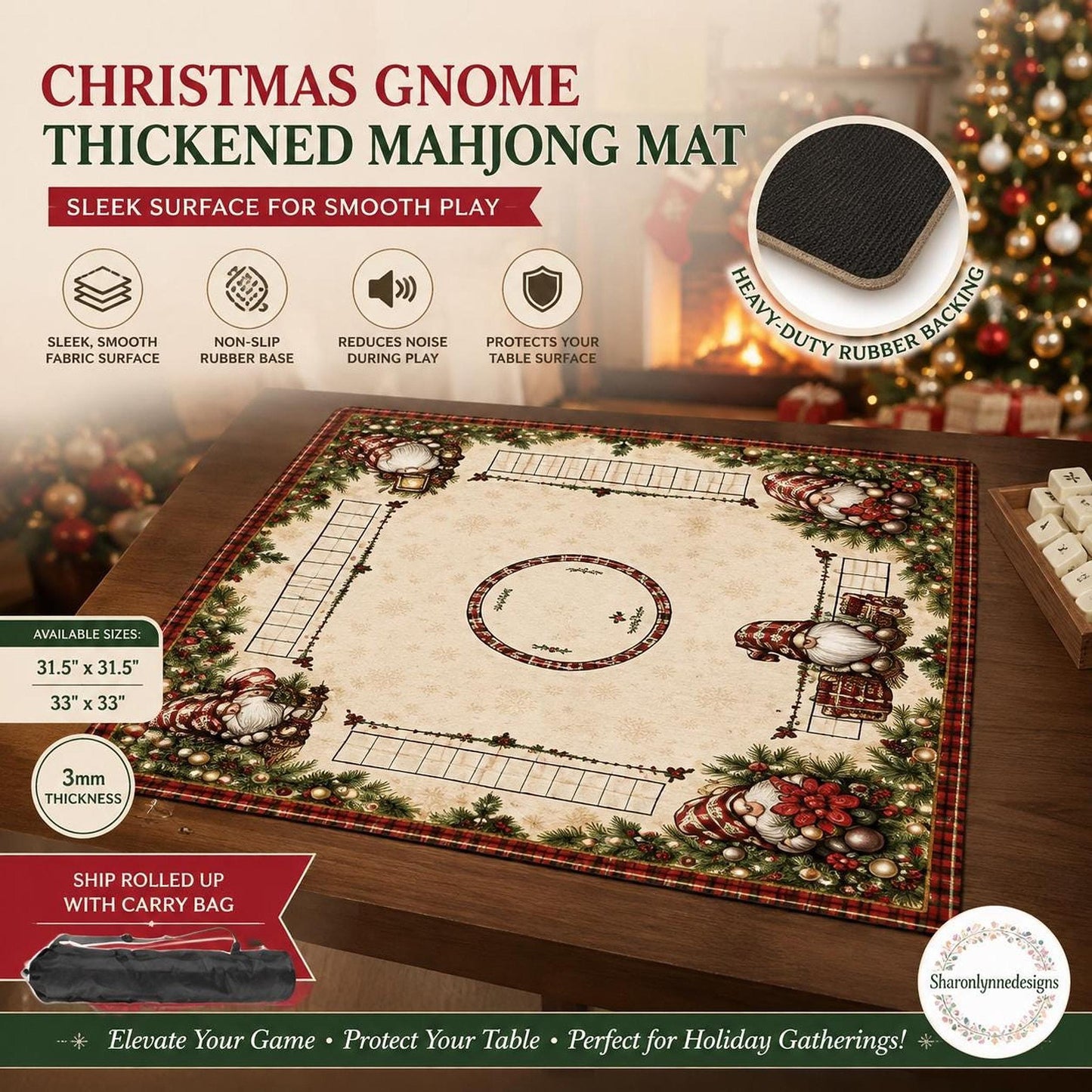 Christmas Gnome Mahjong Mat, 3mm Polyester Surface with Non-Slip Rubber Backing
