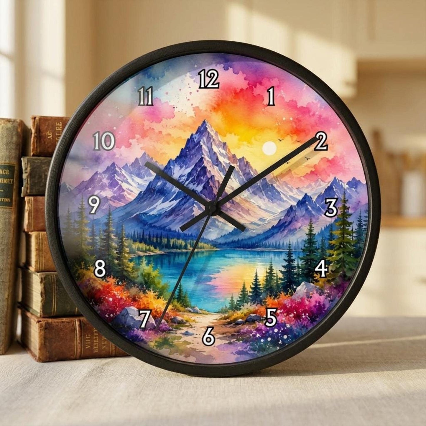 Silent Wall Clock, 10" x 10" Wood Frame, Mountain Watercolor Artwork