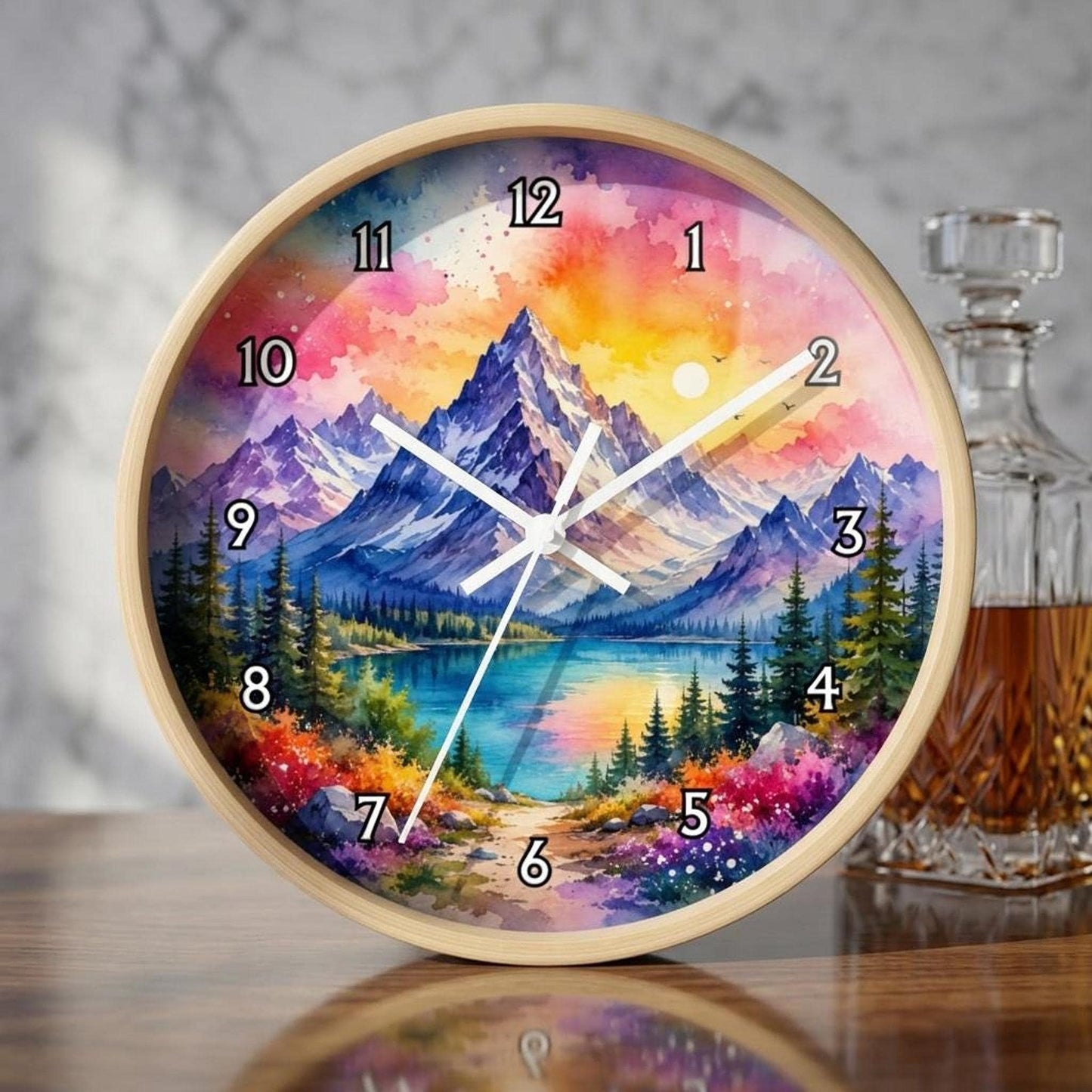 Silent Wall Clock, 10" x 10" Wood Frame, Mountain Watercolor Artwork