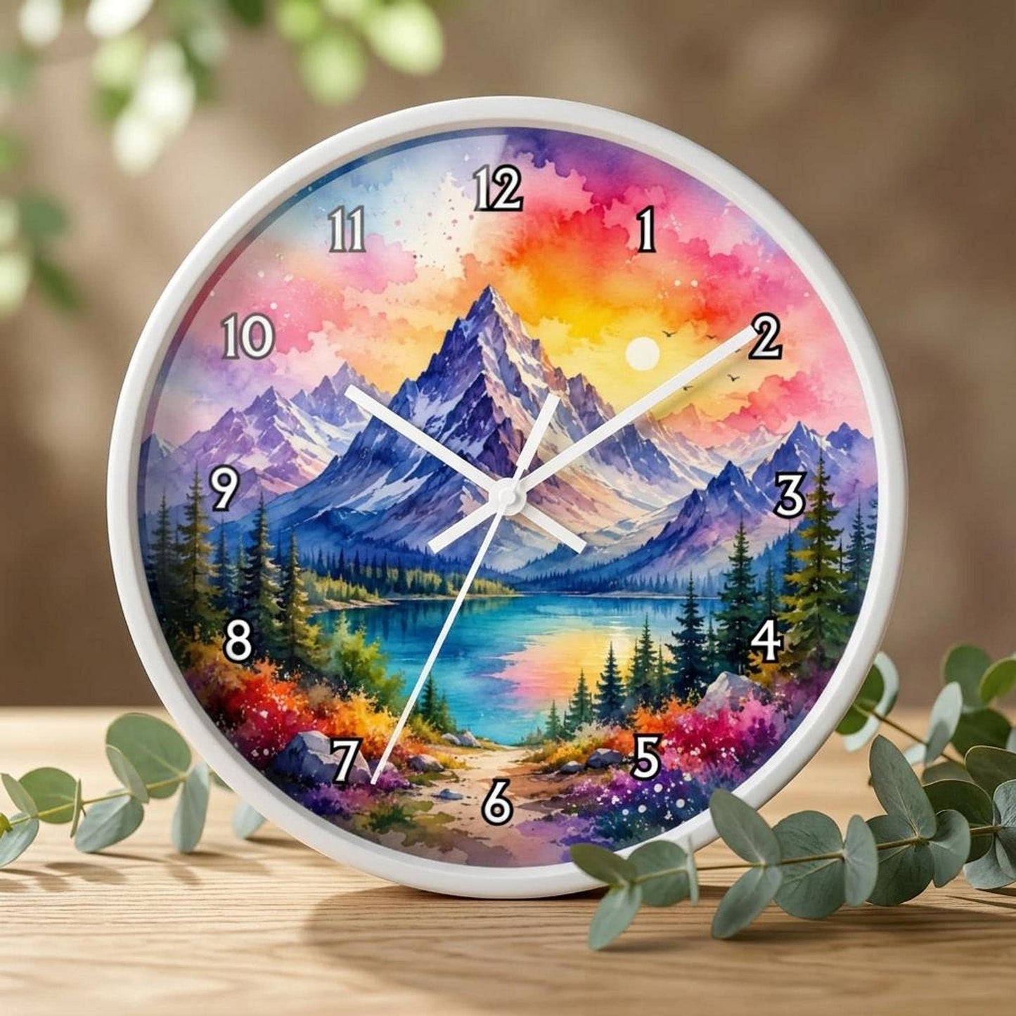 Silent Wall Clock, 10" x 10" Wood Frame, Mountain Watercolor Artwork