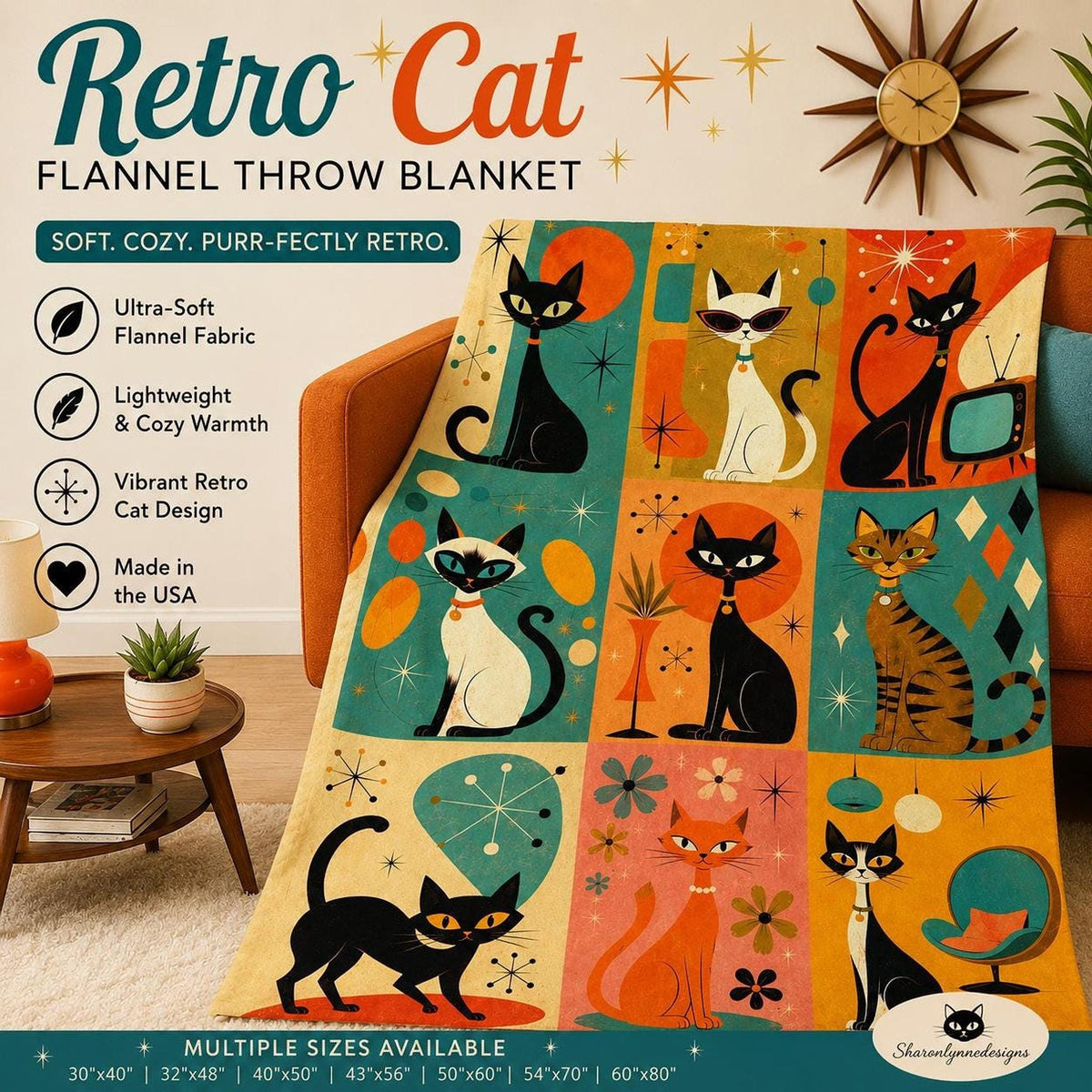 Retro Cat Flannel Throw Blanket – Mid-Century Kitty Decor, Made in USA