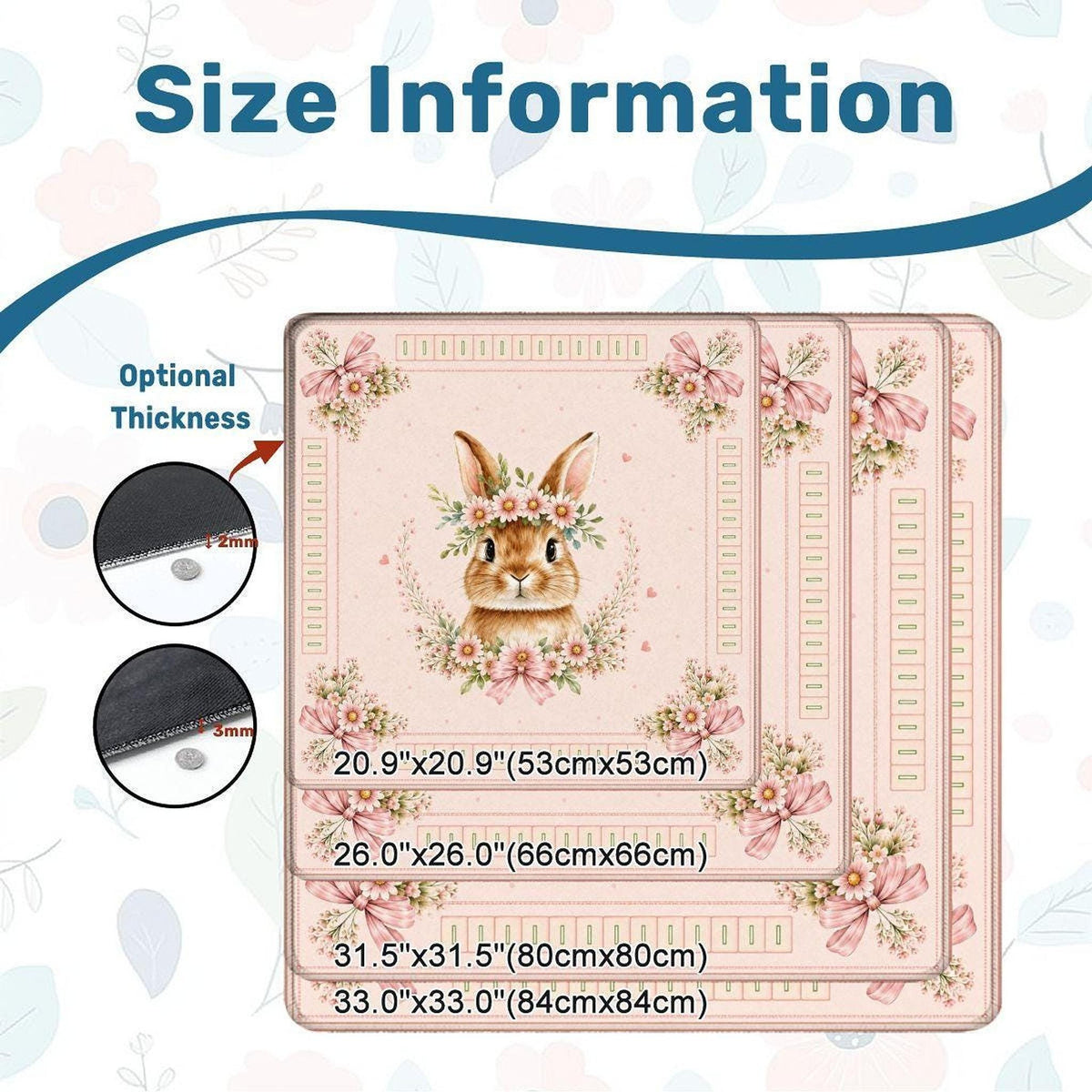 Rabbit Mahjong Mat, Pink Floral Design with Non-Slip Rubber Backing