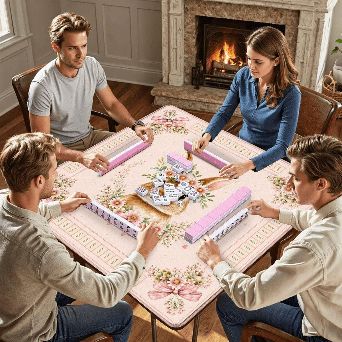 Rabbit Mahjong Mat, Pink Floral Design with Non-Slip Rubber Backing