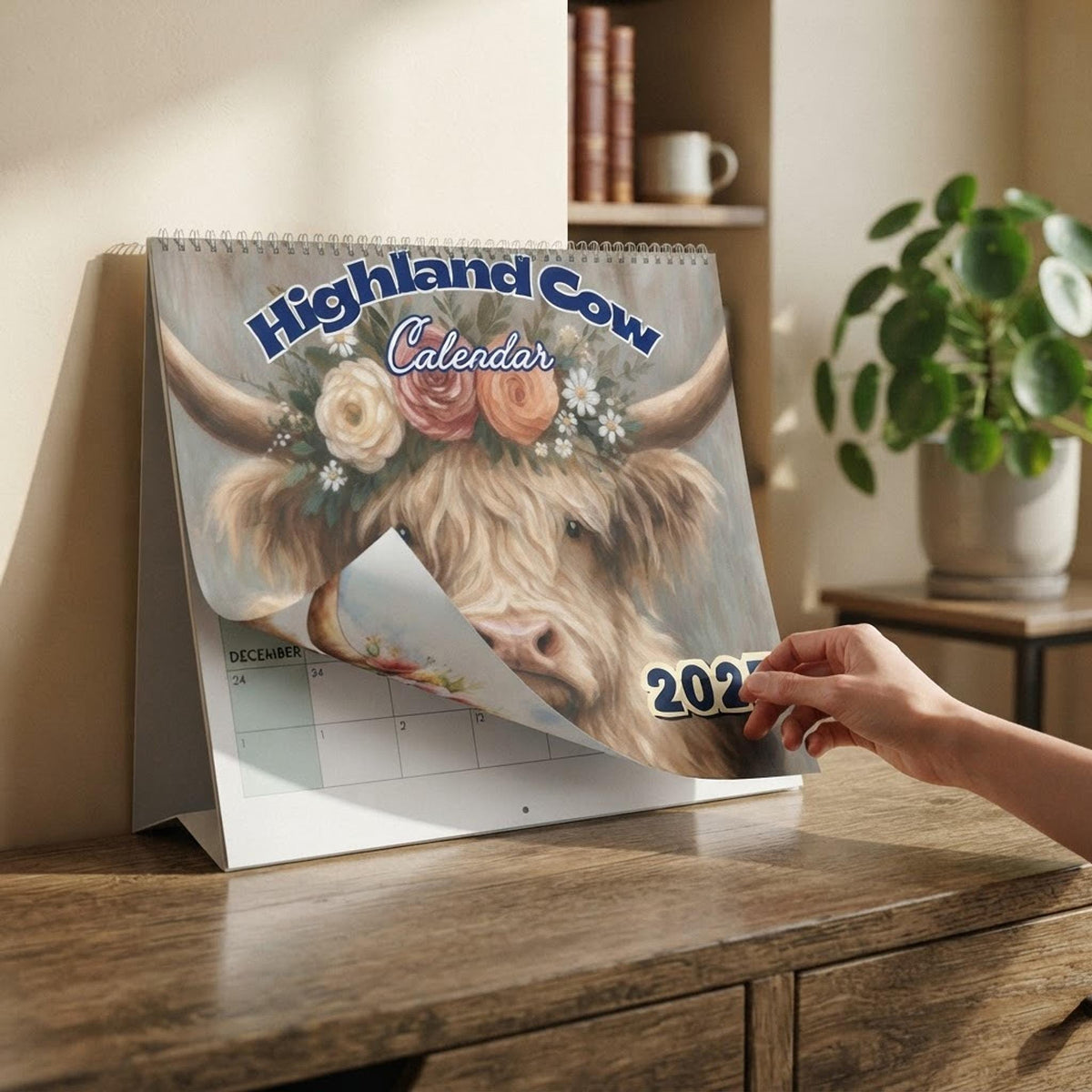 Highland Cow Calendar 2027, Floral Wall Planner with Wire Binding