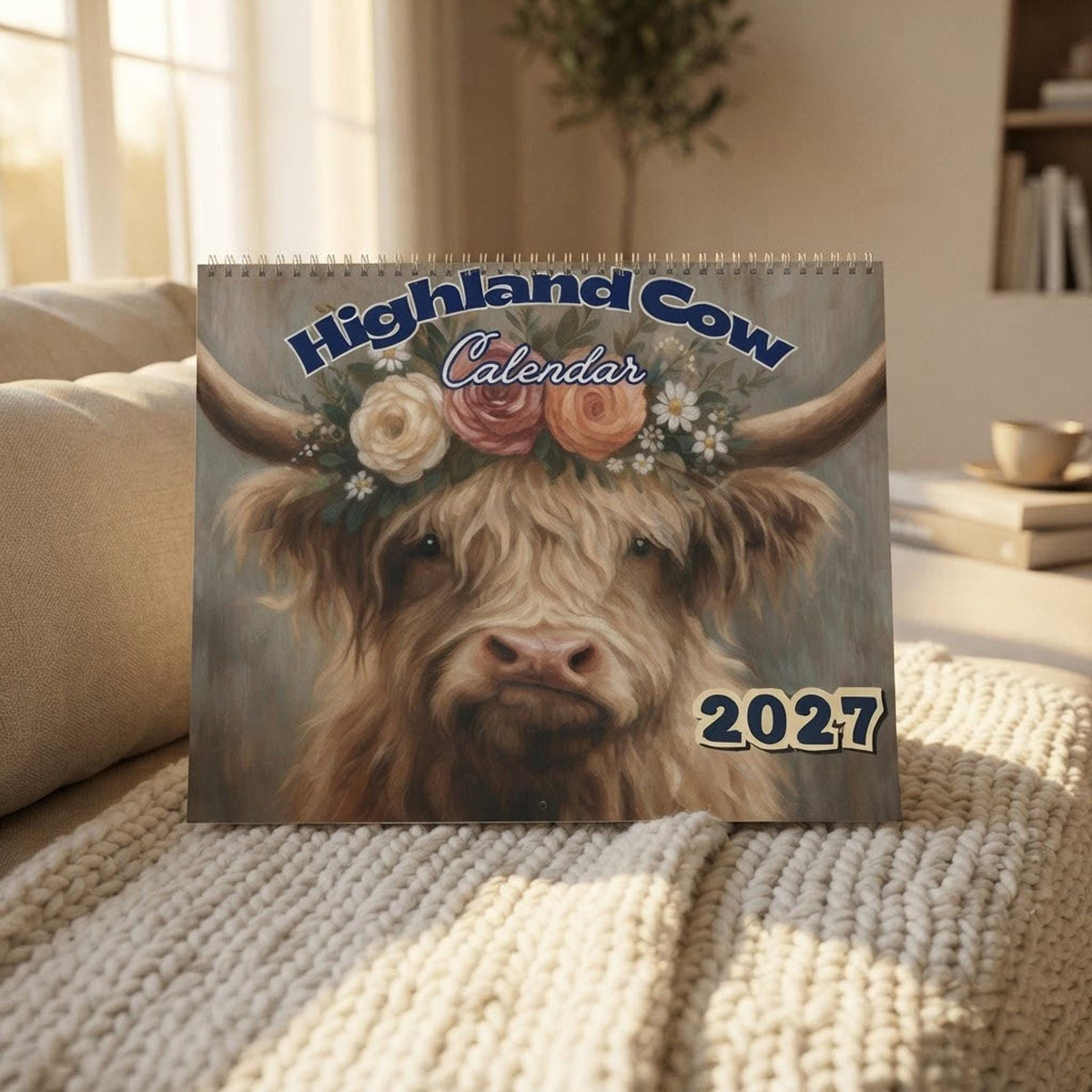 Highland Cow Calendar 2027, Floral Wall Planner with Wire Binding
