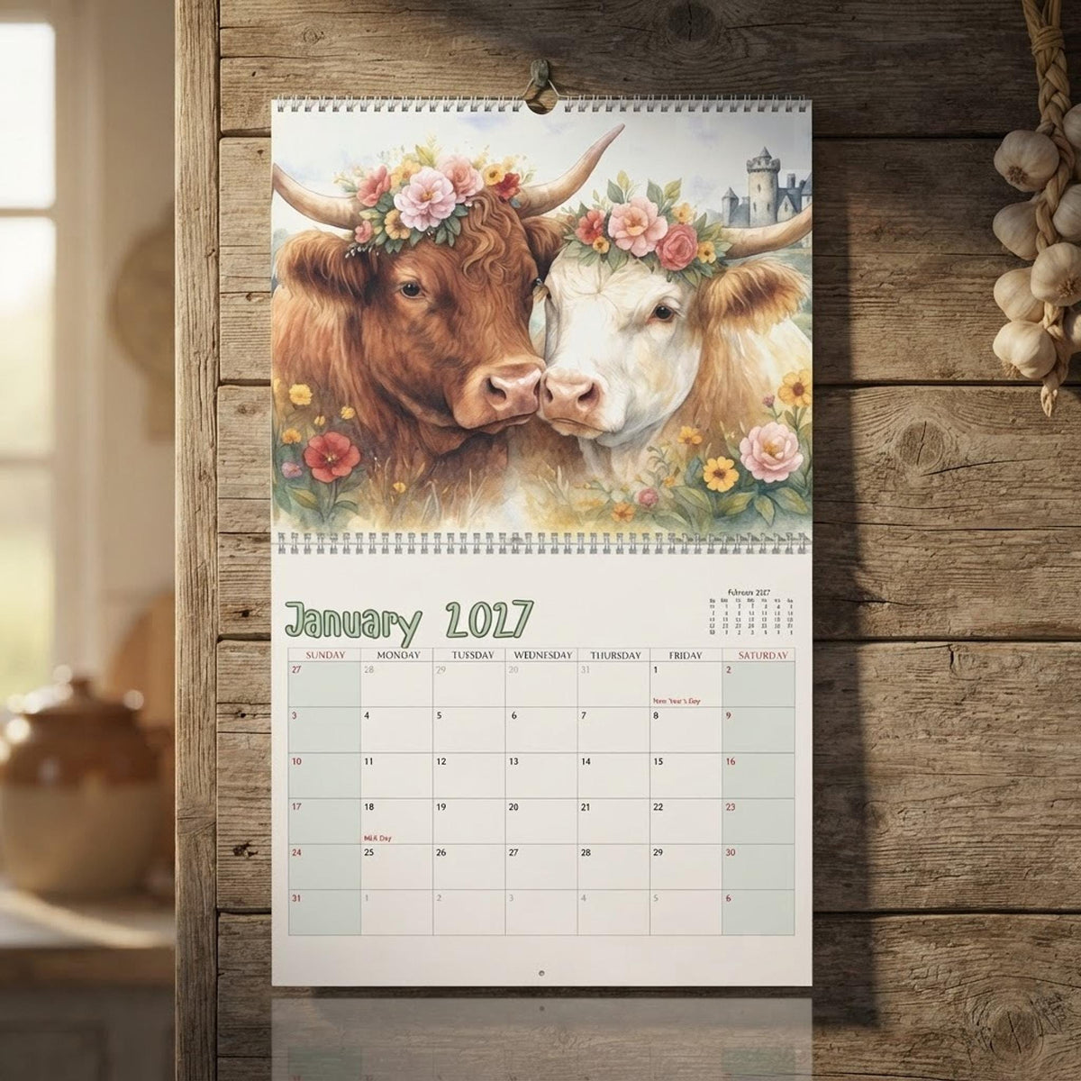 Highland Cow Calendar 2027, Floral Wall Planner with Wire Binding