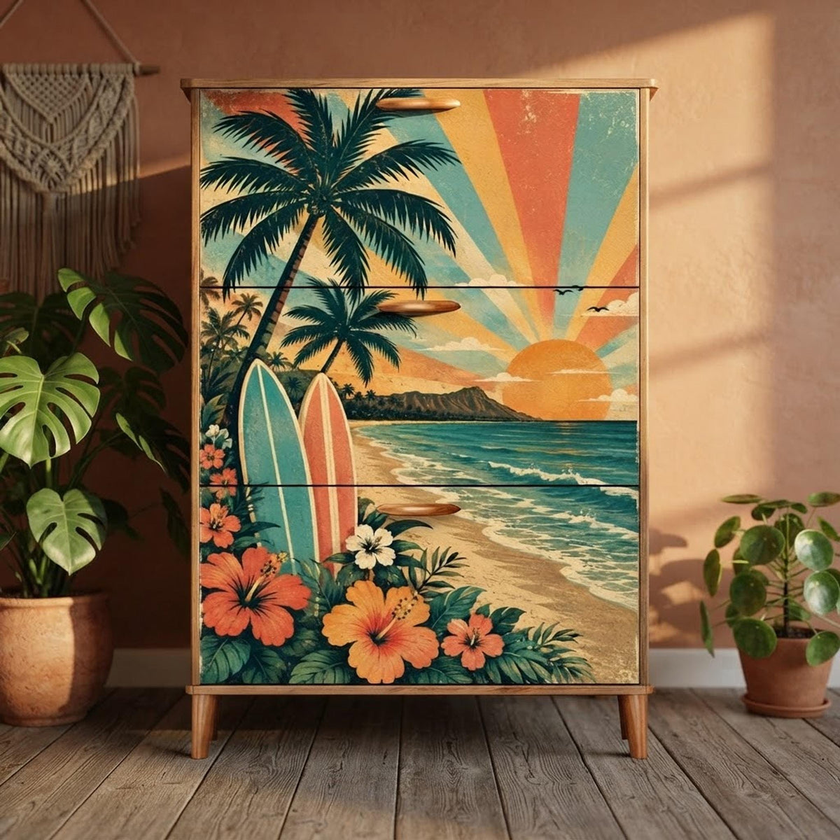 Retro Beach Shoe Cabinet, 31.5-Inch MDF Storage with Three Foldable Flip Drawers