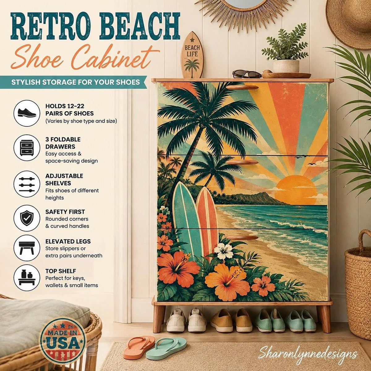 Retro Beach Shoe Cabinet, 31.5-Inch MDF Storage with Three Foldable Flip Drawers