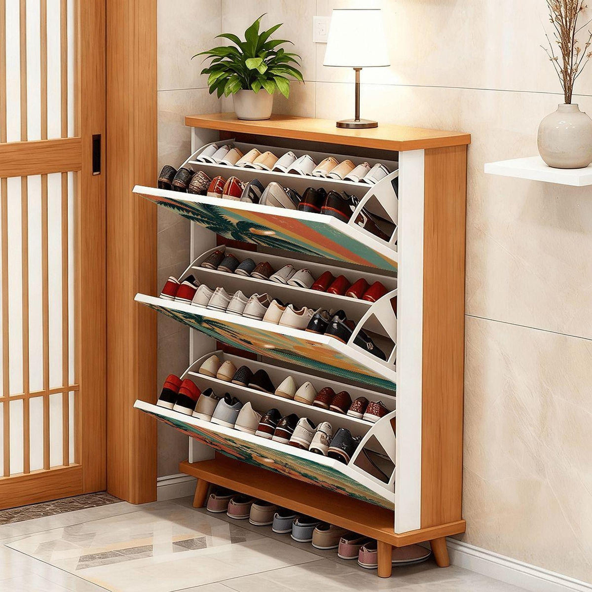 Retro Beach Shoe Cabinet, 31.5-Inch MDF Storage with Three Foldable Flip Drawers