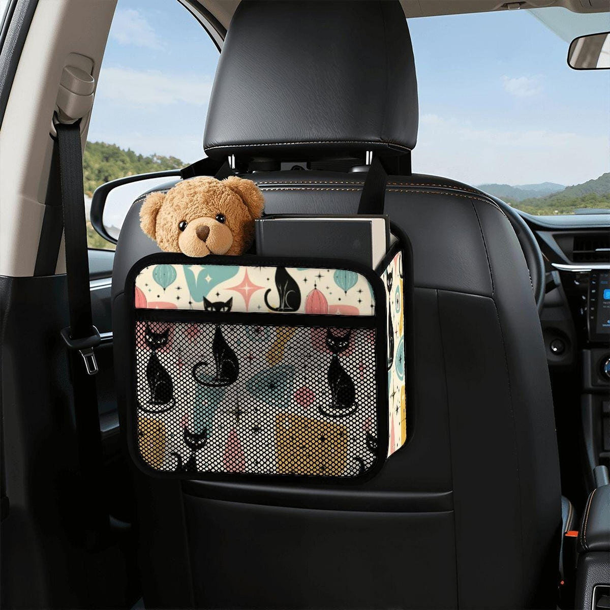 Retro Cat Car Seat Organizer, PU Storage with Mesh Pocket