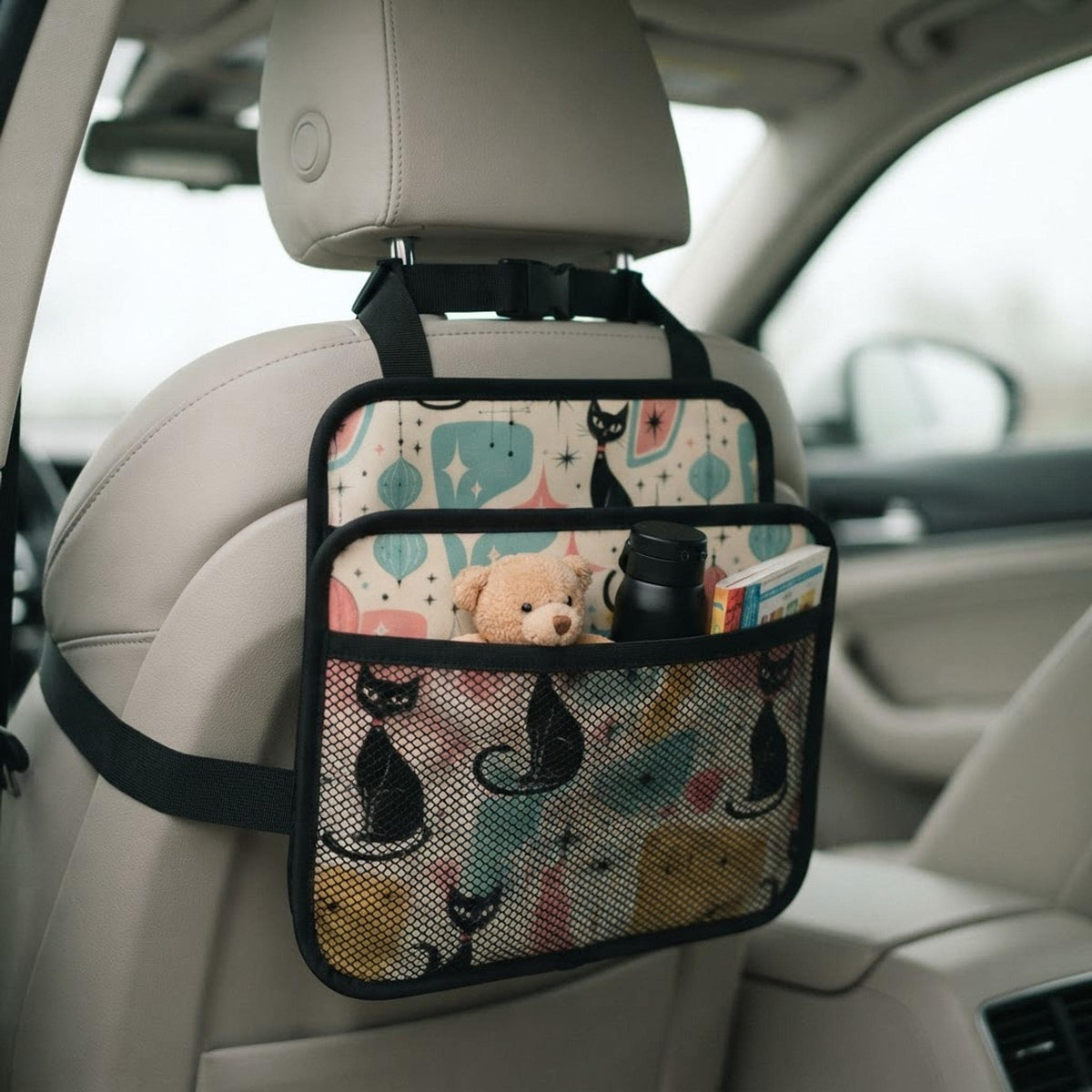 Retro Cat Car Seat Organizer, PU Storage with Mesh Pocket