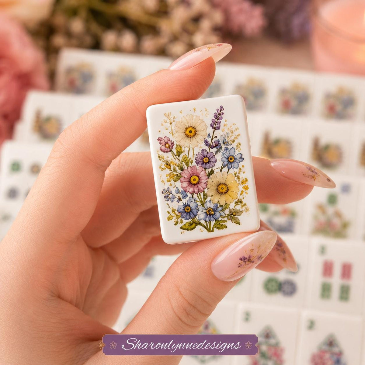 Floral Mahjong Set, Garden Style Acrylic Tiles with Dried Flower Designs