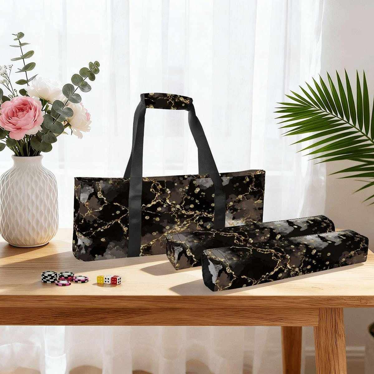 Black Marble Mahjong Bag Set, 3-Piece Canvas Storage Organizer