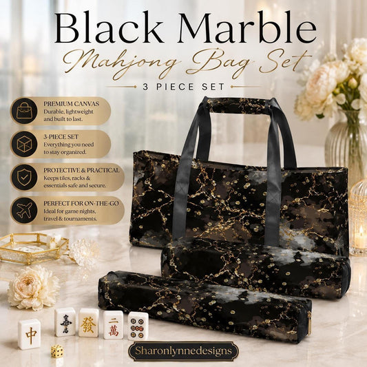 Black Marble Mahjong Bag Set, 3-Piece Canvas Storage Organizer