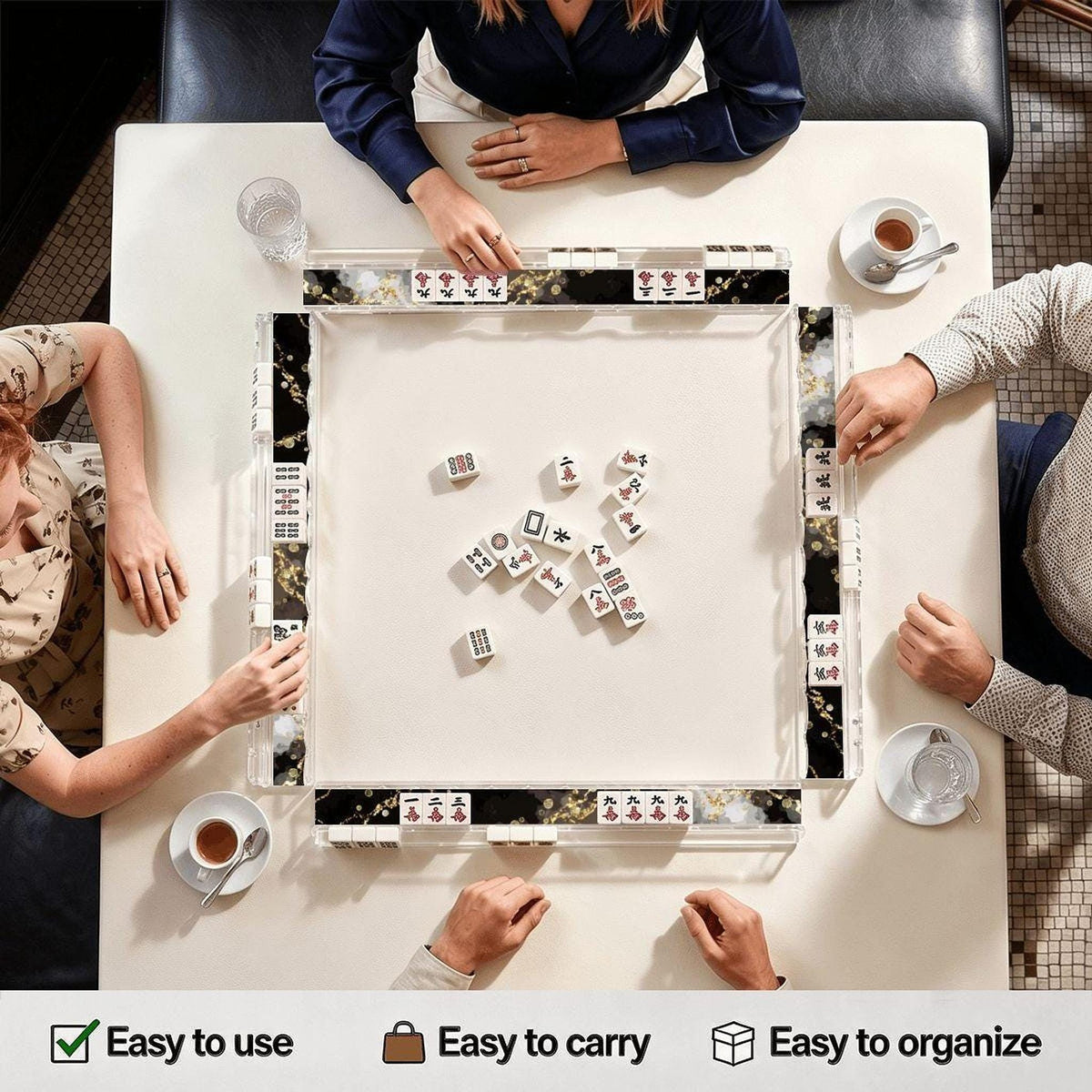 Black Marble Mahjong Racks, Set Of 4 with 20.08-Inch Acrylic and Scalloped Magnetic Pushers