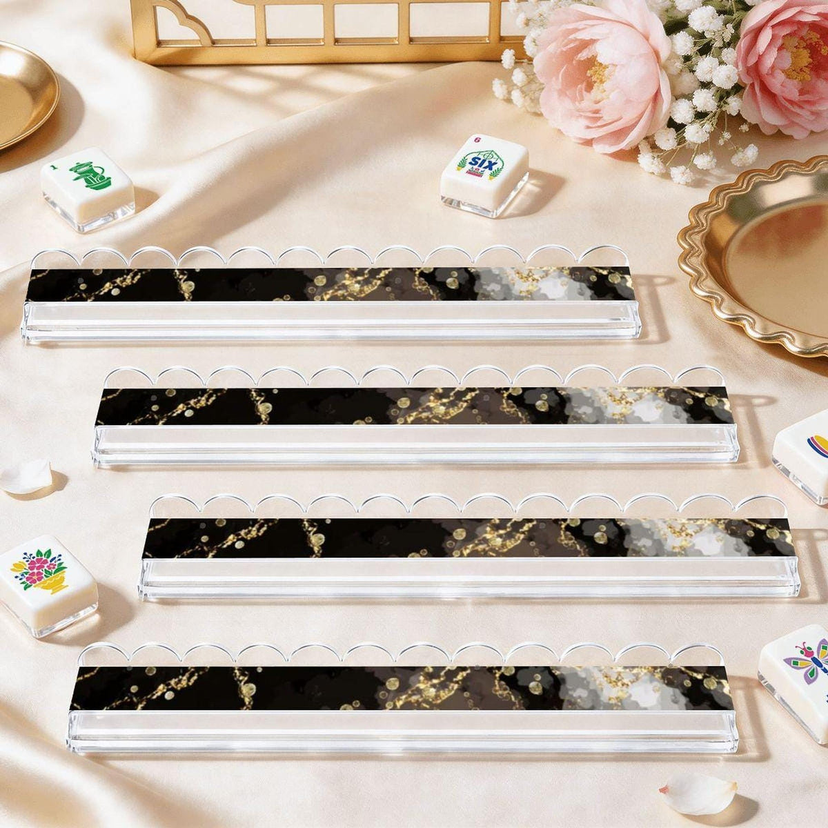 Black Marble Mahjong Racks, Set Of 4 with 20.08-Inch Acrylic and Scalloped Magnetic Pushers