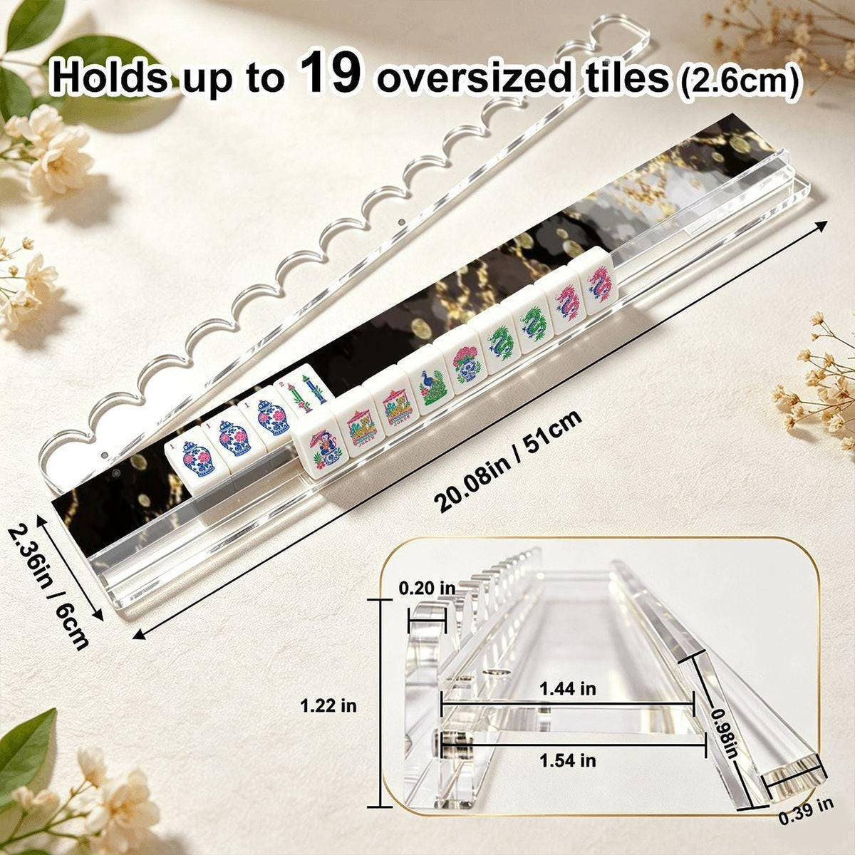 Black Marble Mahjong Racks, Set Of 4 with 20.08-Inch Acrylic and Scalloped Magnetic Pushers