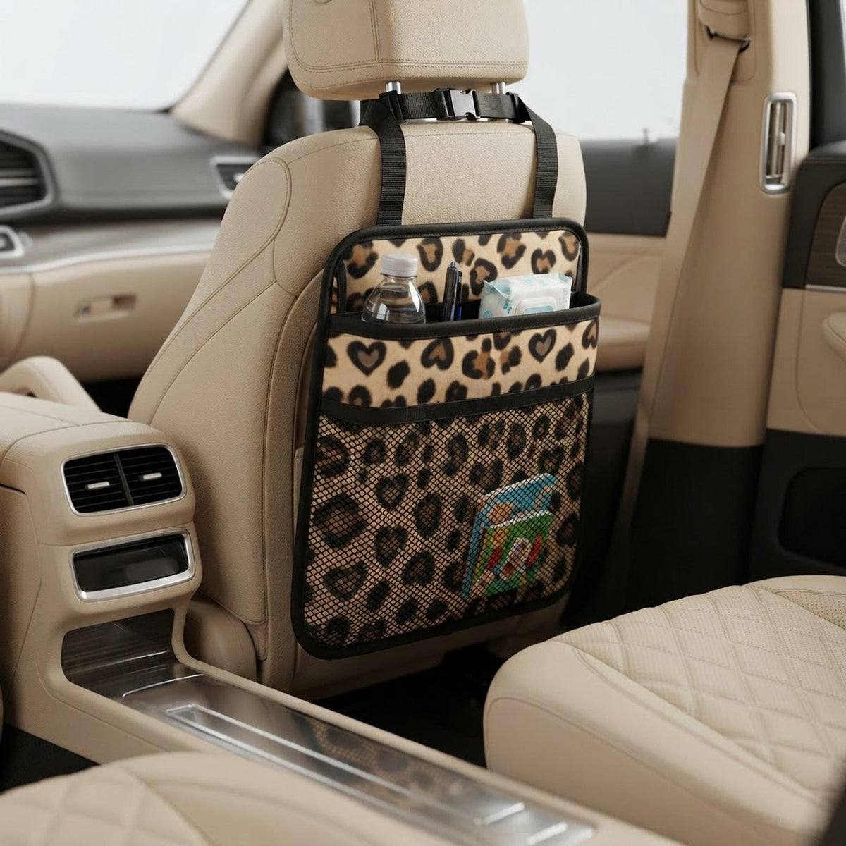 Cheetah Print Car Organizer, PU Storage Caddy with Mesh Pocket