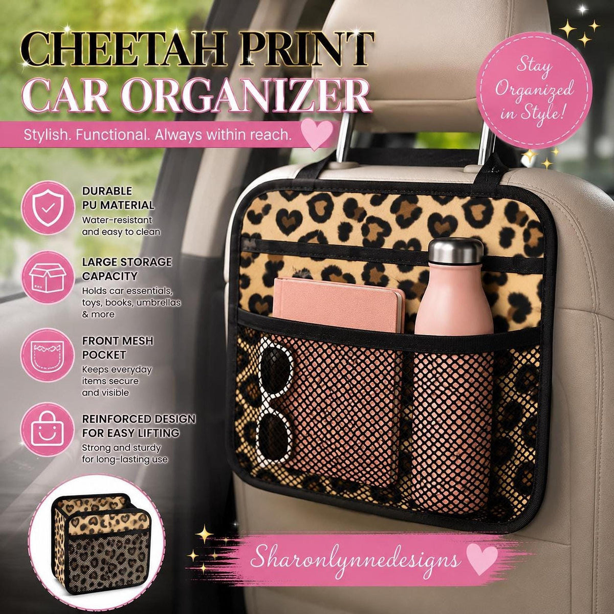 Cheetah Print Car Organizer, PU Storage Caddy with Mesh Pocket