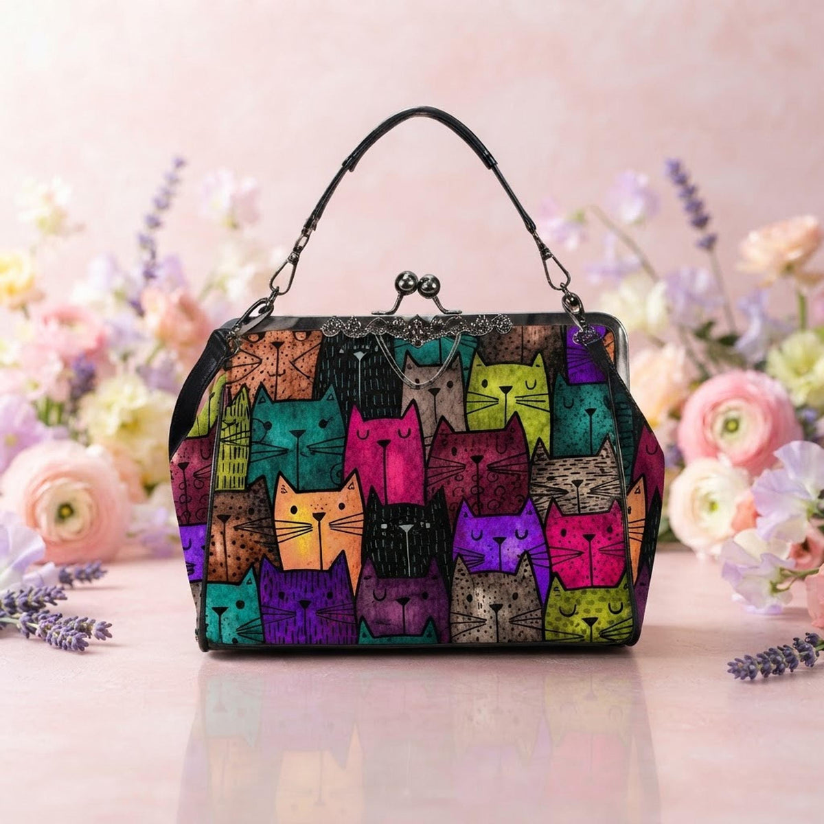 Cat Crossbody Bag, Colorful Retro Artwork, Waxed PU Leather Kisslock Frame