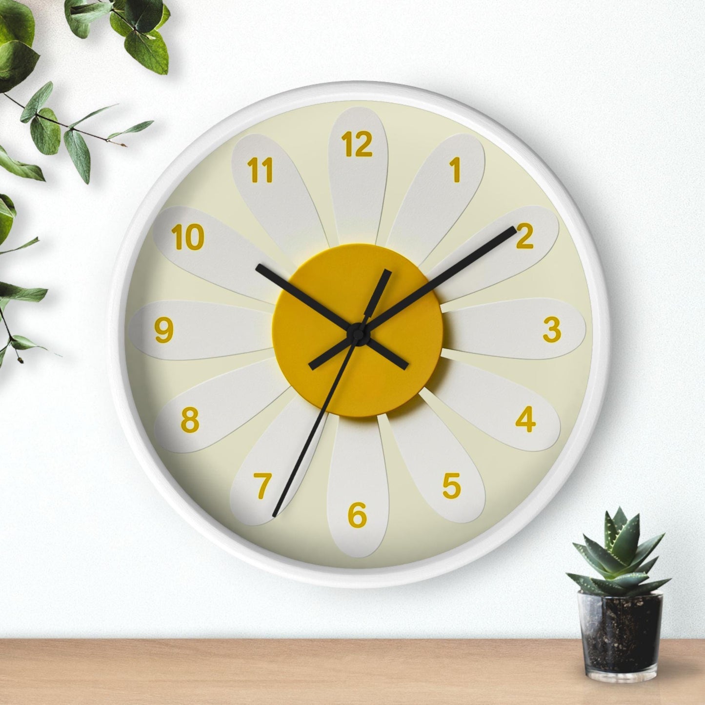 Handmade Hallway Daisy Flower Clock, 10-Inch Wood Frame, Plexiglass Face