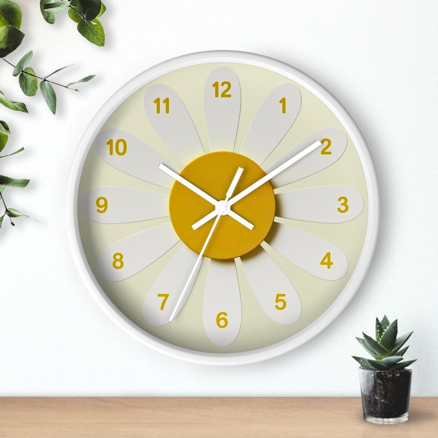 Handmade Hallway Daisy Flower Clock, 10-Inch Wood Frame, Plexiglass Face