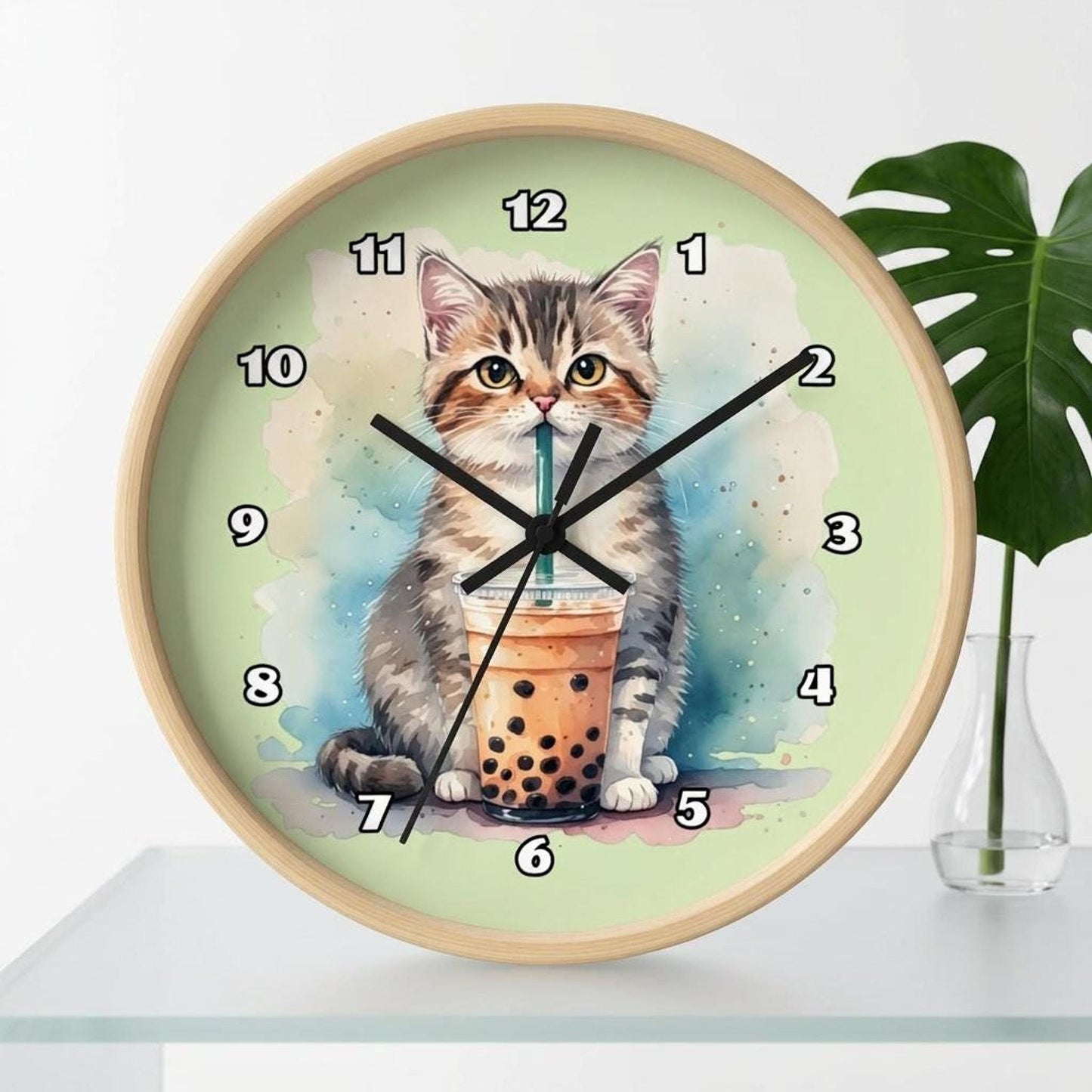 Timepiece Accessory, 10-Inch Wooden Wall Clock with Silent Movement, Bubble Tea Kitten