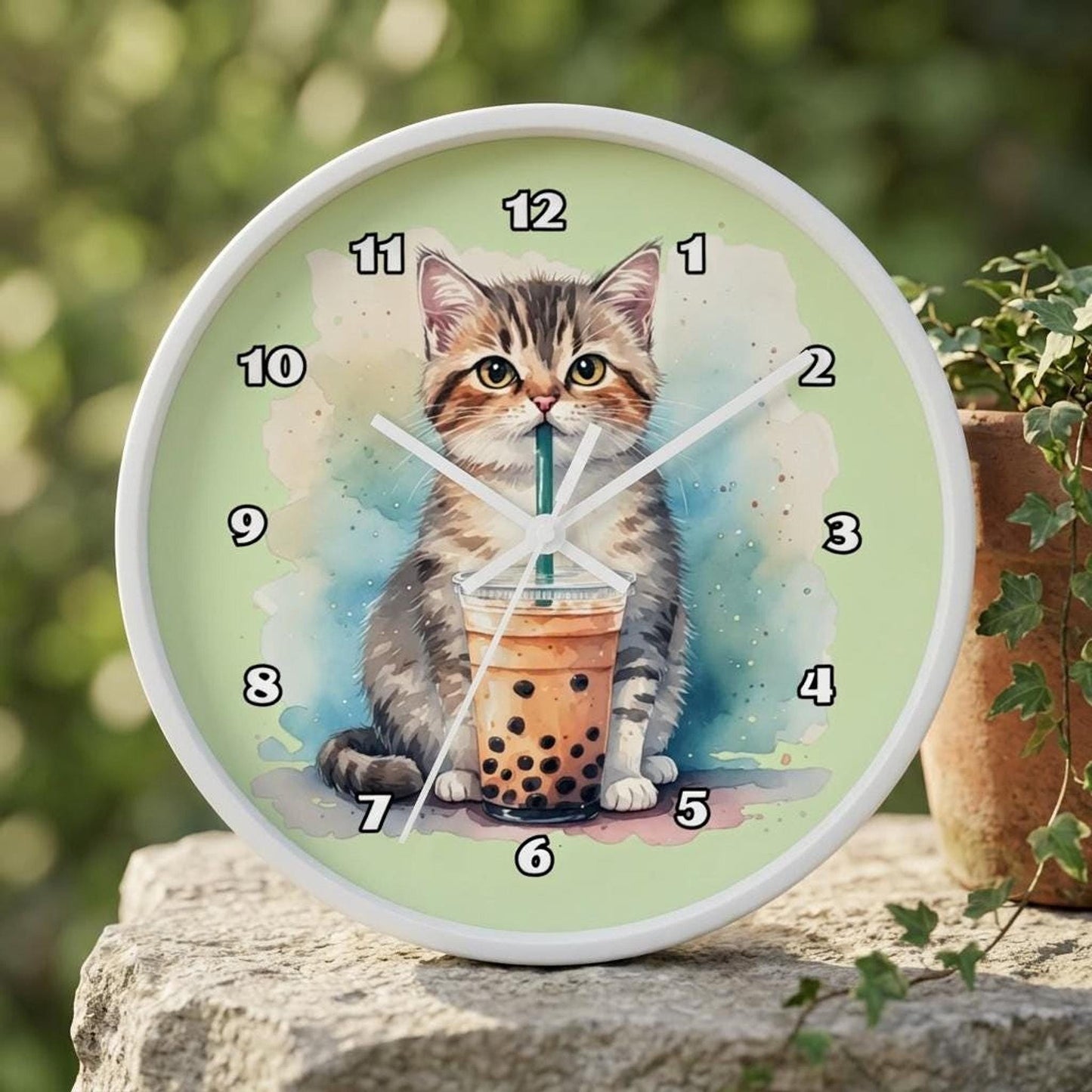 Timepiece Accessory, 10-Inch Wooden Wall Clock with Silent Movement, Bubble Tea Kitten
