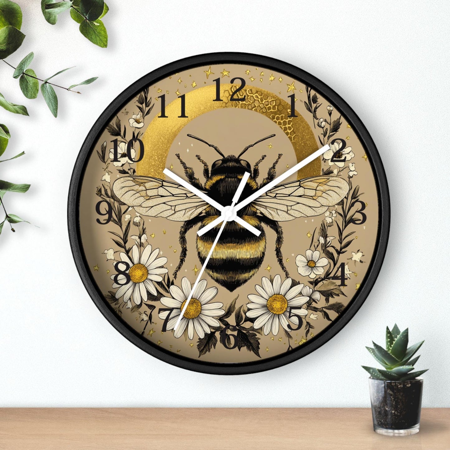 Bee Nature Wall Clock, Wooden Frame, Plexiglass Face, Whimsical Indoor Décor