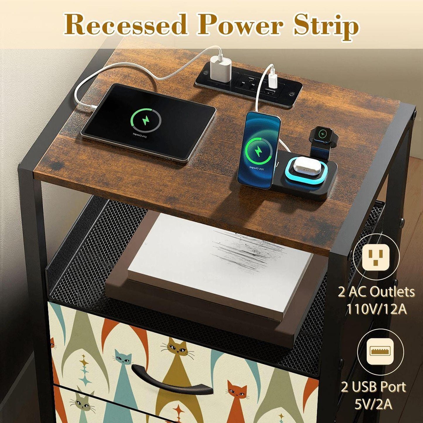 Bedside Table, Mid-Century Cat 2-Drawer Storage With Attached Power Strip