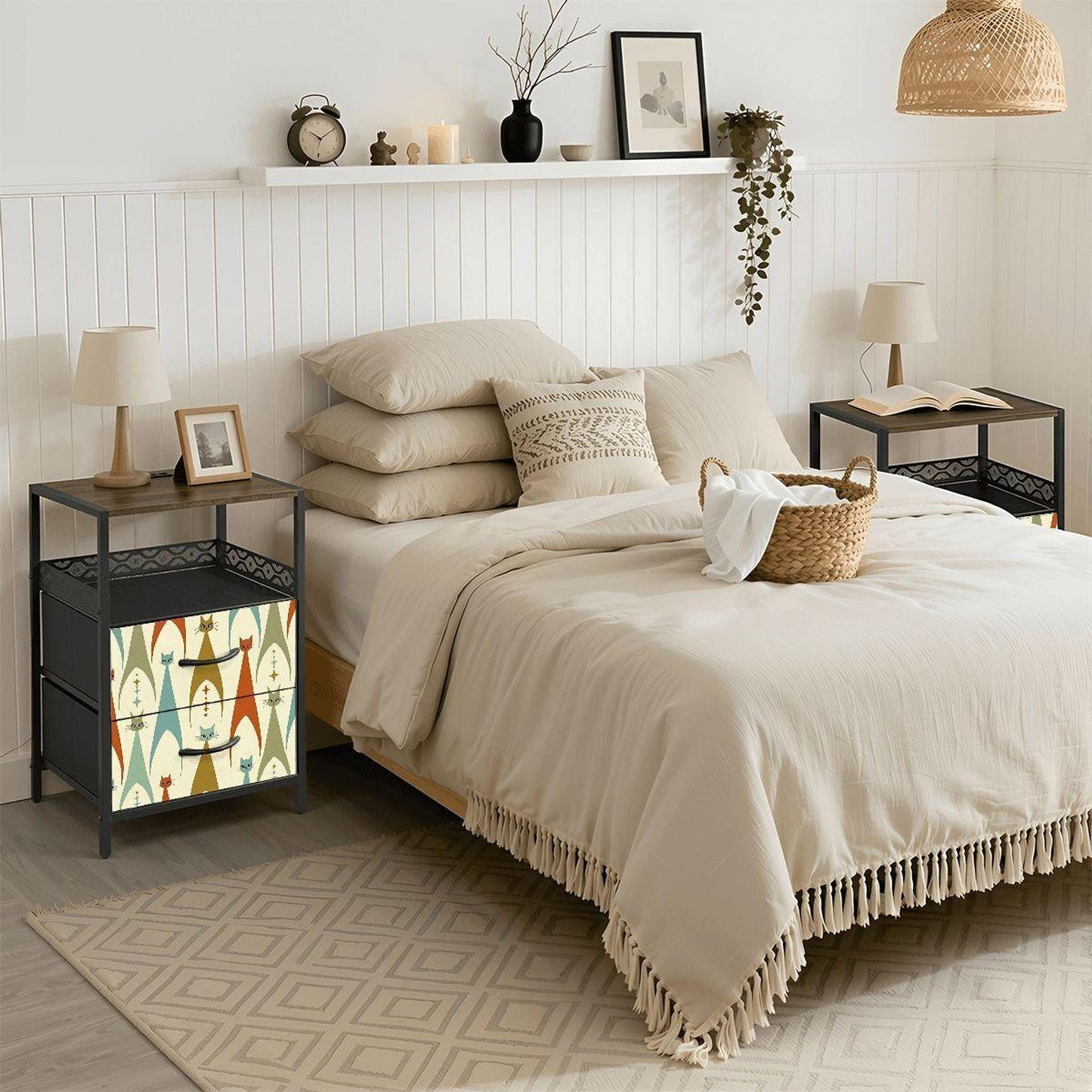 Bedside Table, Mid-Century Cat 2-Drawer Storage With Attached Power Strip