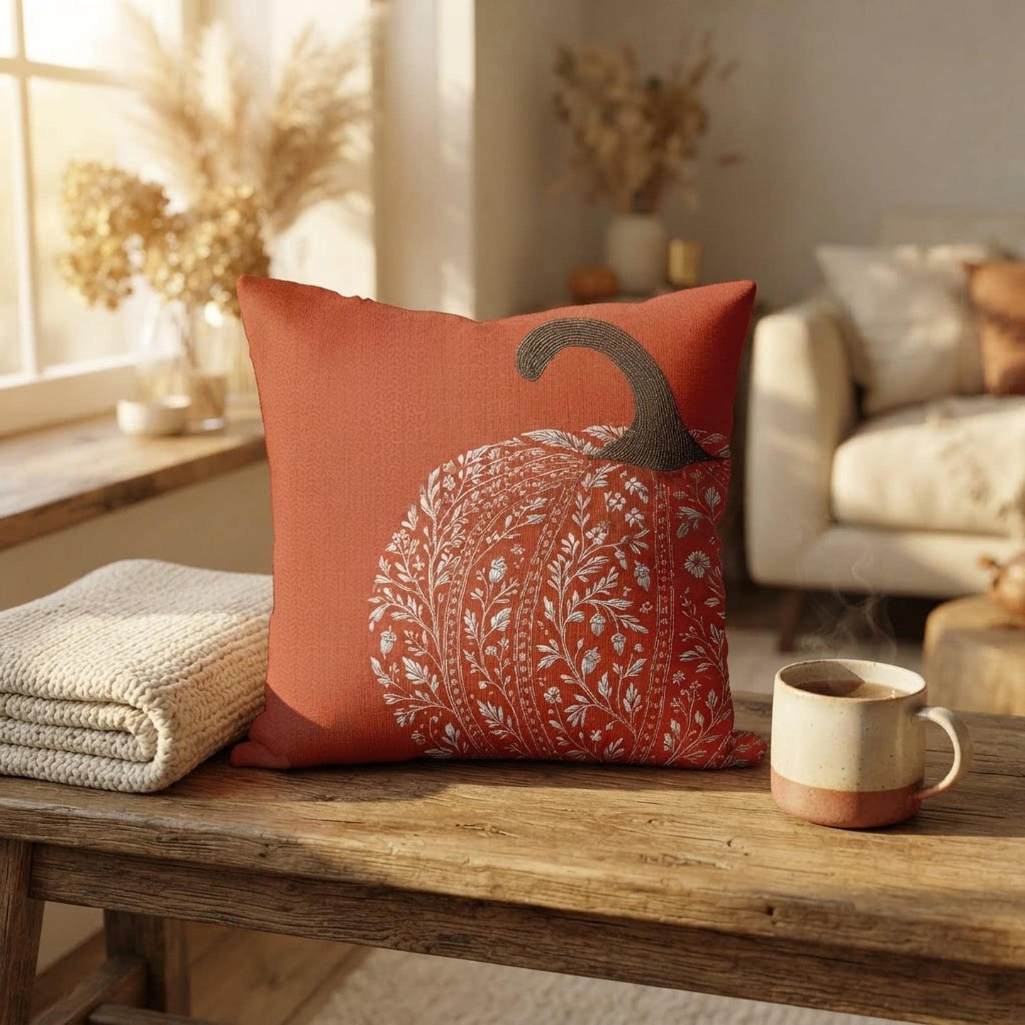 Autumn Pumpkin Square Pillowcase, Faux Suede Double-Sided Print with Concealed Zipper