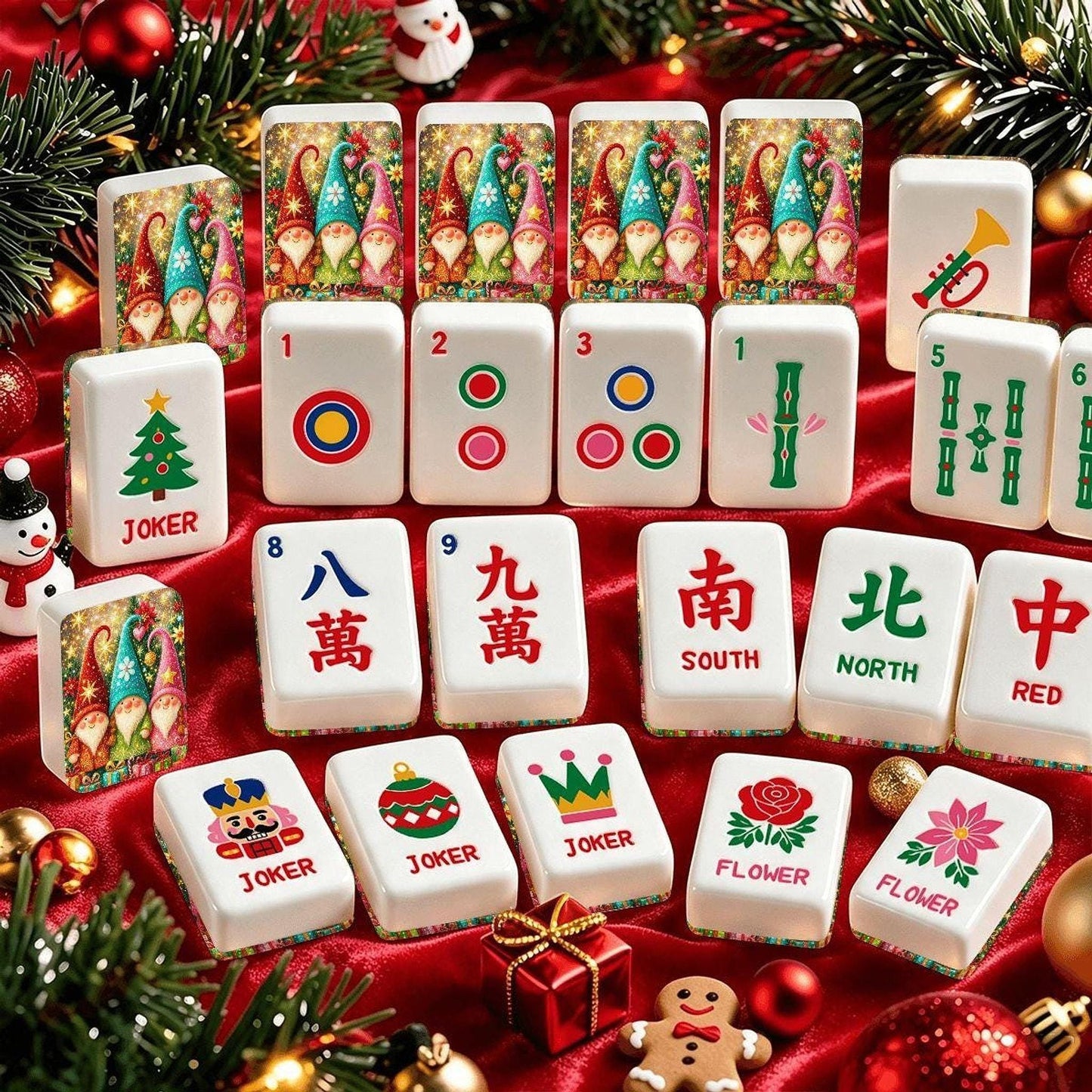 American Mahjong Set, Christmas Gnome Design with 160 Acrylic Tiles