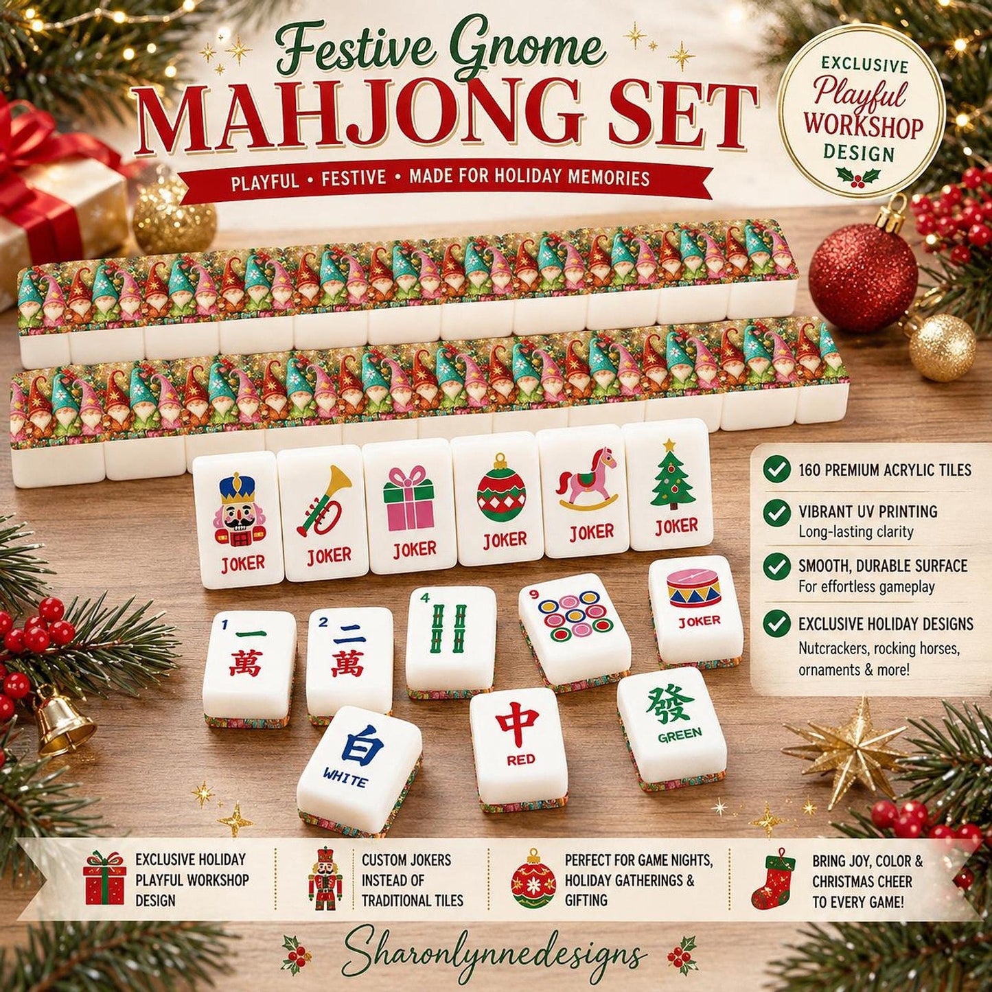 American Mahjong Set, Christmas Gnome Design with 160 Acrylic Tiles