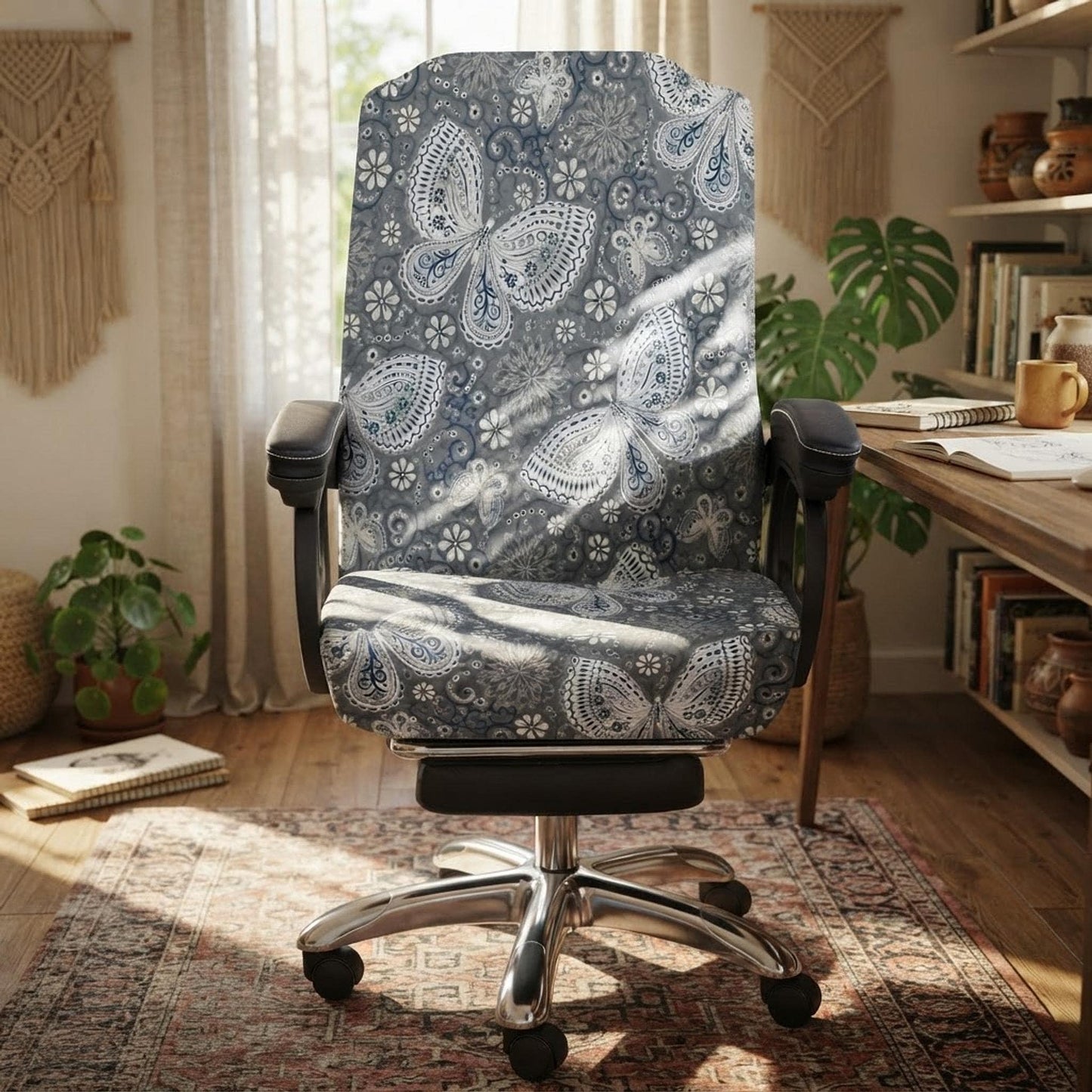 Office Chair Cover, Butterfly Design In Stretchy Milk Silk, Machine Washable