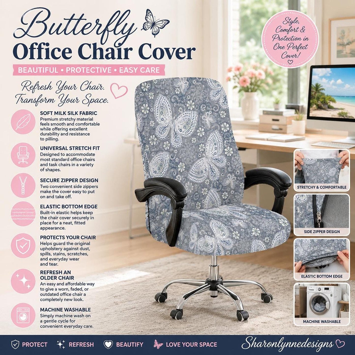 Office Chair Cover, Butterfly Design In Stretchy Milk Silk, Machine Washable