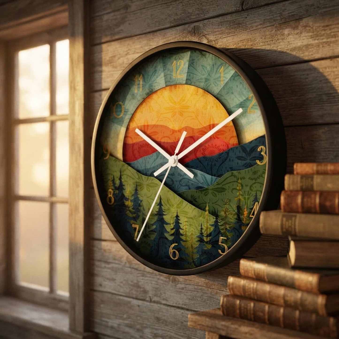 Retro Sunrise Mountain Wall Clock, 10-Inch Plexiglass Face, Silent Mechanism
