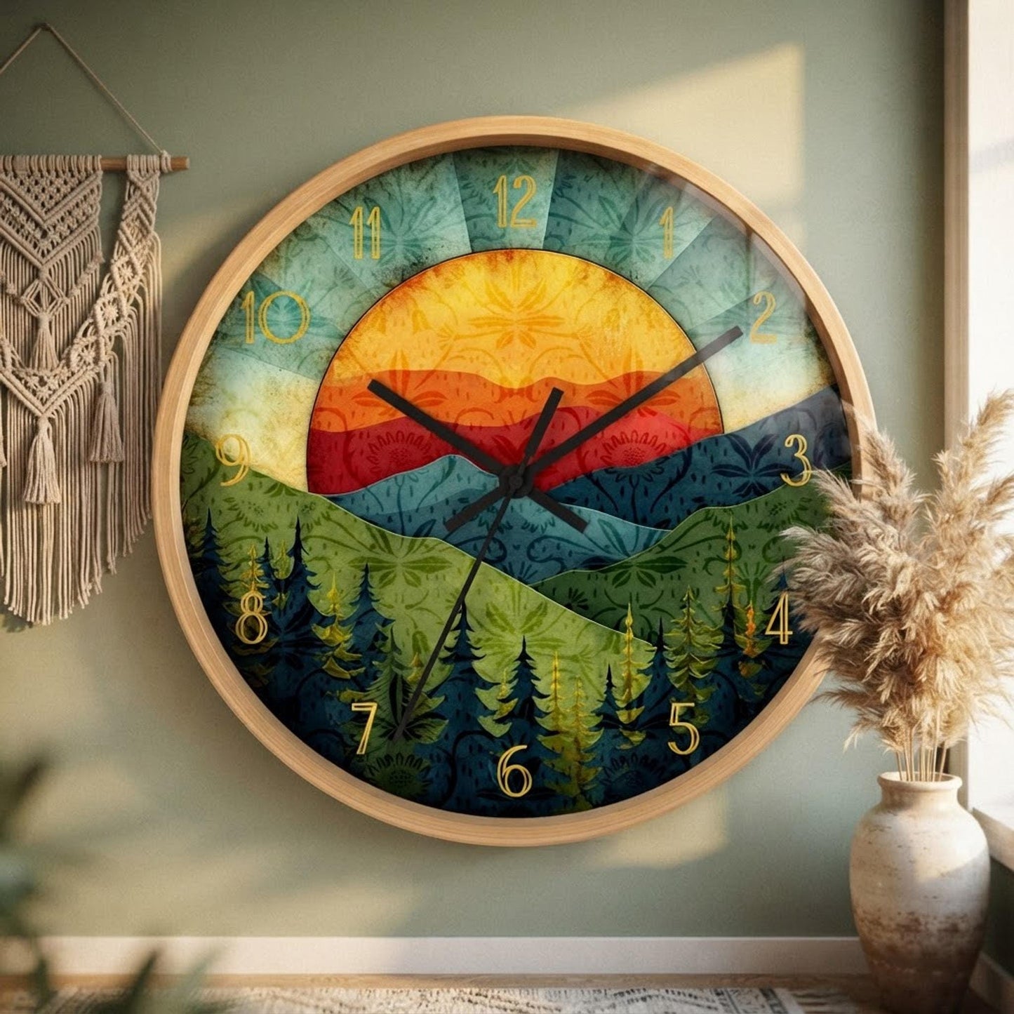 Retro Sunrise Mountain Wall Clock, 10-Inch Plexiglass Face, Silent Mechanism