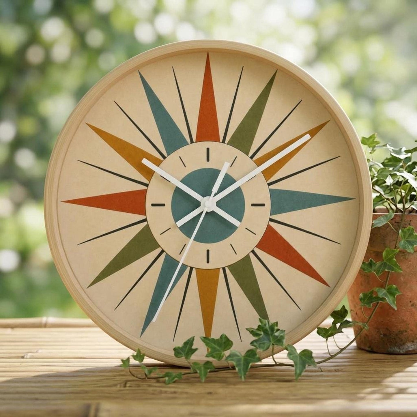 Mid Century Starburst Wall Clock, 100% Wood Frame with Silent Mechanism