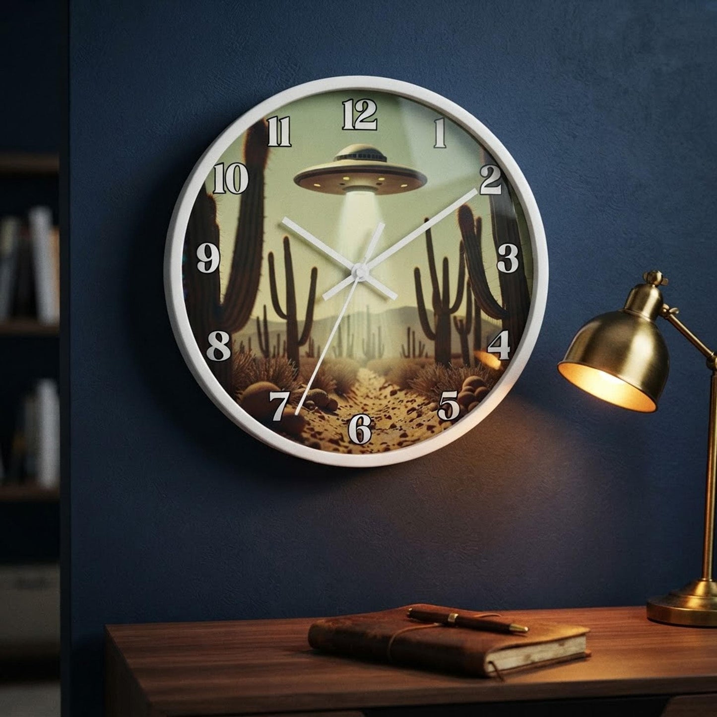 Retro UFO Wall Clock, 10 x 10 Inch Plexiglass Southwestern Desert Scene