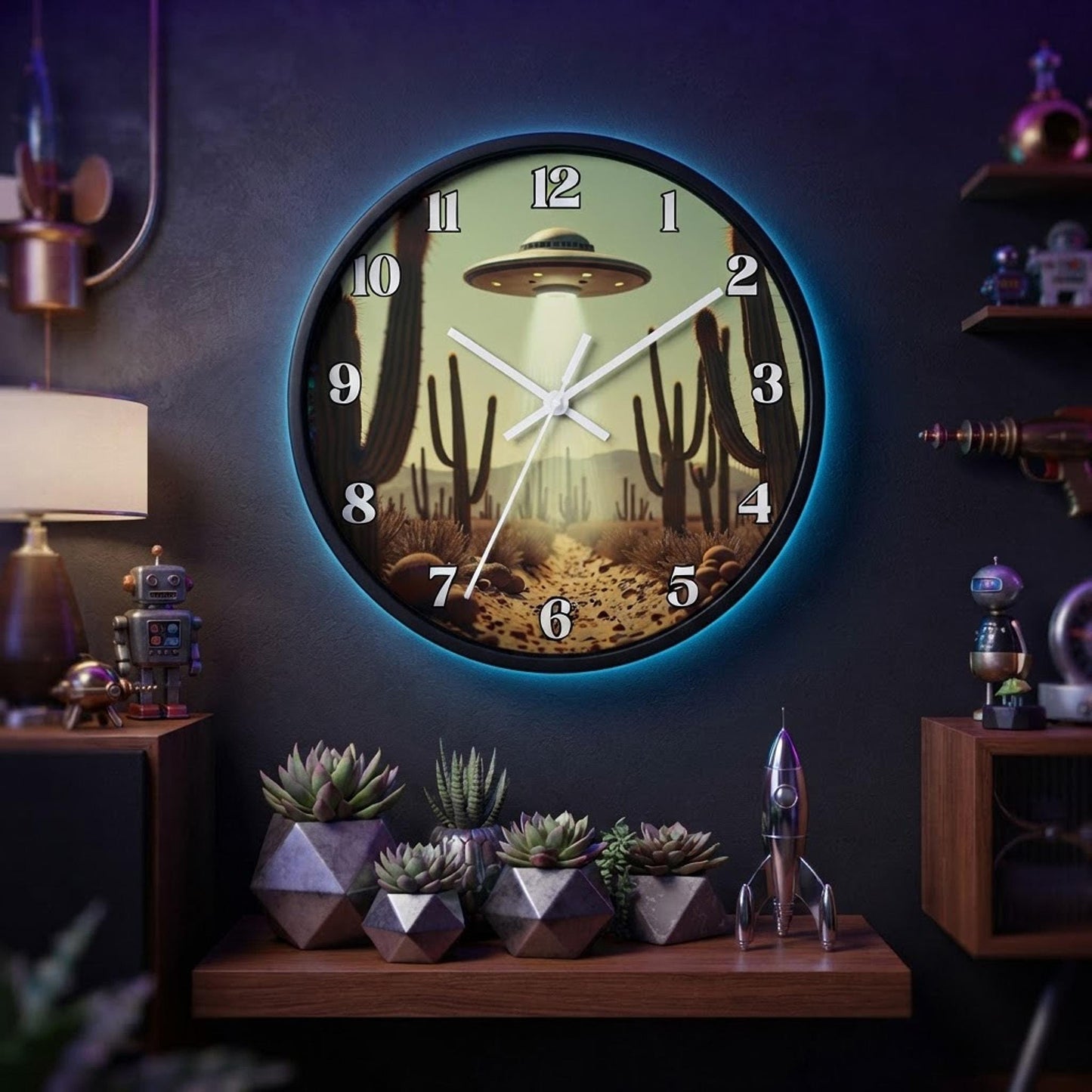 UFO Wall Clock, 10 x 10-Inch Plexiglass Retro Southwestern Desert Scene