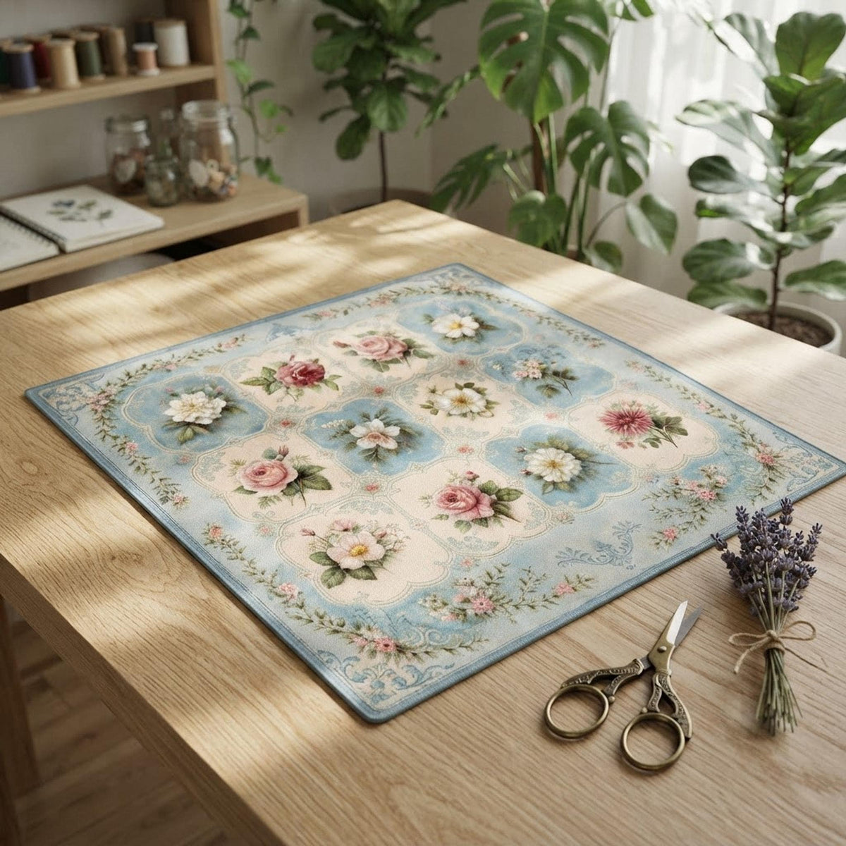 Floral Mahjong Mat, Smooth Polyester Surface with Non-Slip Rubber Backing