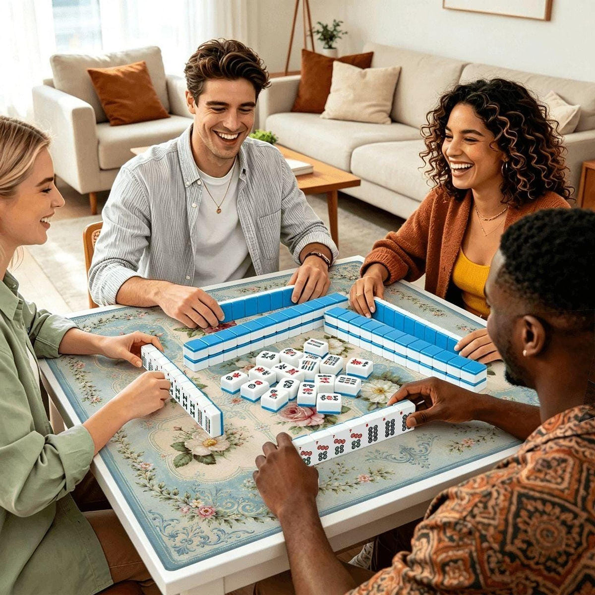 Floral Mahjong Mat, Smooth Polyester Surface with Non-Slip Rubber Backing