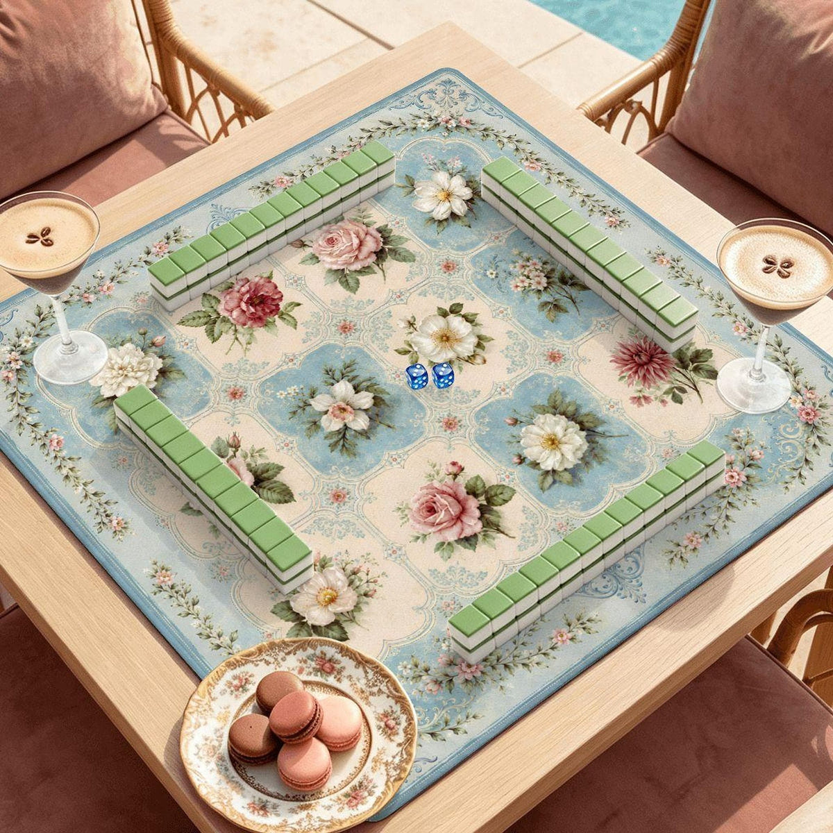 Floral Mahjong Mat, Smooth Polyester Surface with Non-Slip Rubber Backing