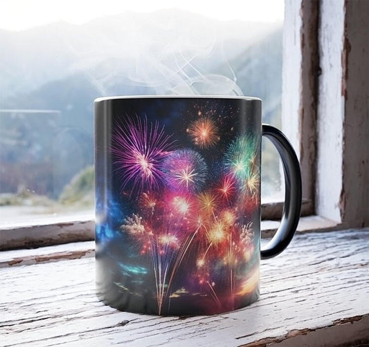 Housewarming Display Mug, 11oz Ceramic Fireworks Color-Changing Design, Glossy Finish